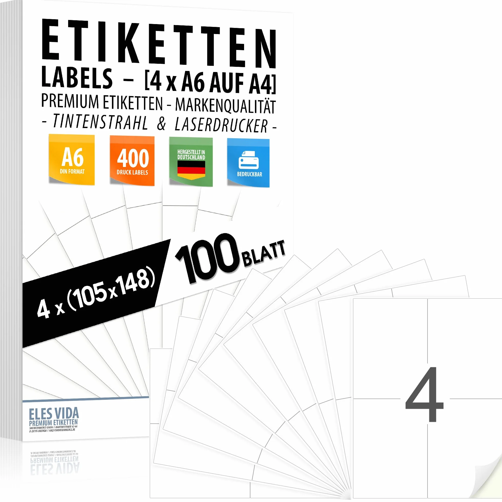 Etykiety samoprzylepne 105 x 148 mm matowe białe 100 arkuszy 400 sztuk do drukarki atramentowej i laserowej Made in Germany