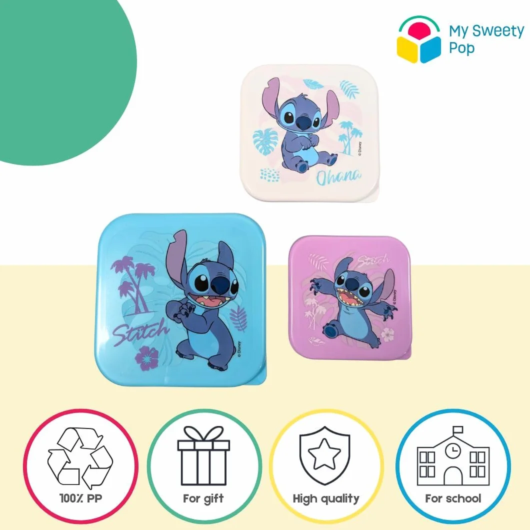 Stitch Pudełko na lunch, zestaw 3 sztuki, z możliwością układania w stos, 11,5 cm, dla dzieci, do żłobka, przedszkola, szkoły, na wakacje – fioletowe/niebieskie/białe
