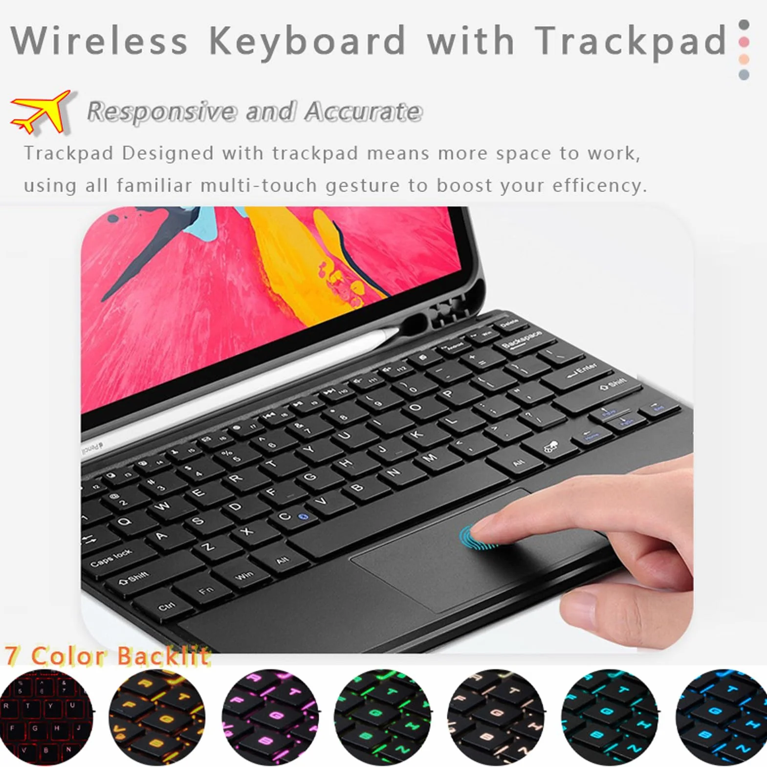 Etui na Klawiaturę z Touchpadem do iPad 6. Gen 2018, iPad Pro 9,7", iPad Air 2, Podświetlana 7 Kolorów, Ciemnoniebieski