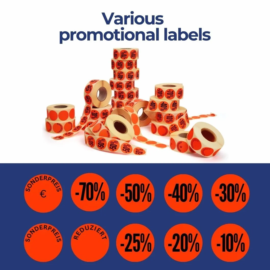 1000 etykiet promocyjnych – 50% okrągłe, jaskrawoczerwone na rolce 32 mm – cena promocyjna, naklejki samoprzylepne, trwałe tabliczki z ceną [H-50]