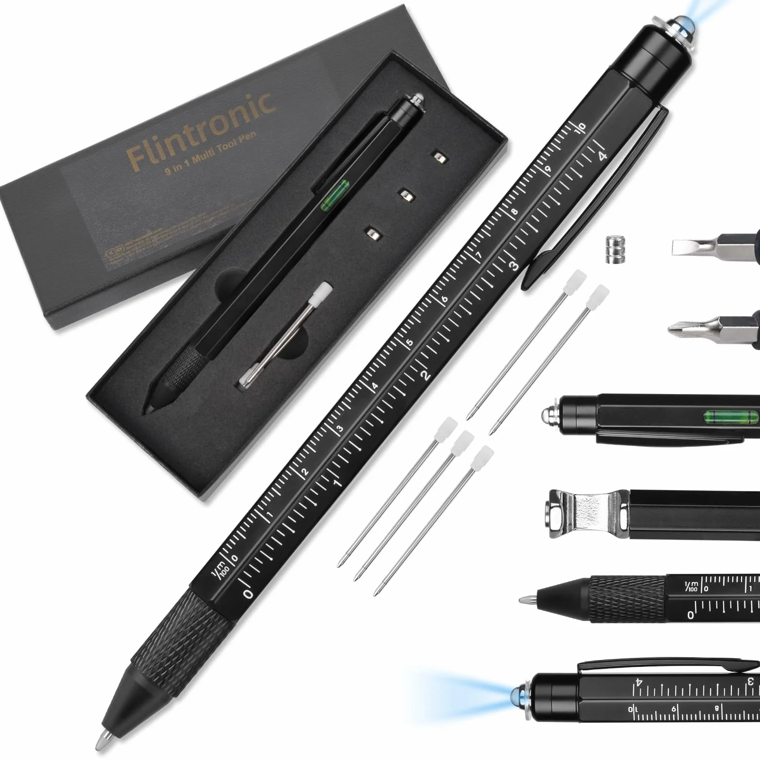 Flintronic Wielofunkcyjny długopis, 8 w 1, długopis taktyczny z diodami LED, wielofunkcyjny rysik dla mężczyzn, na Dzień Ojca, prezent na Boże Narodzenie, dla mężczyzn, dziadka, taty