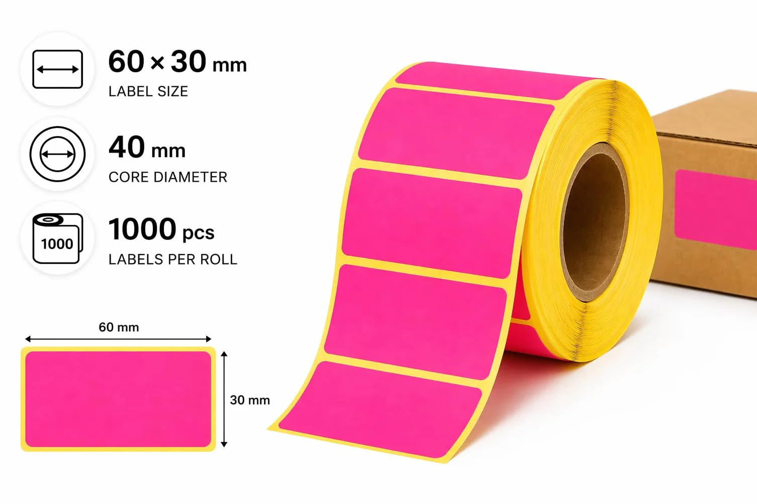 MD Labels Neonowe różowe etykiety samoprzylepne 60 x 30 mm na rolce – 1000 sztuk – samoprzylepne etykiety do biura, magazynu i wysyłki