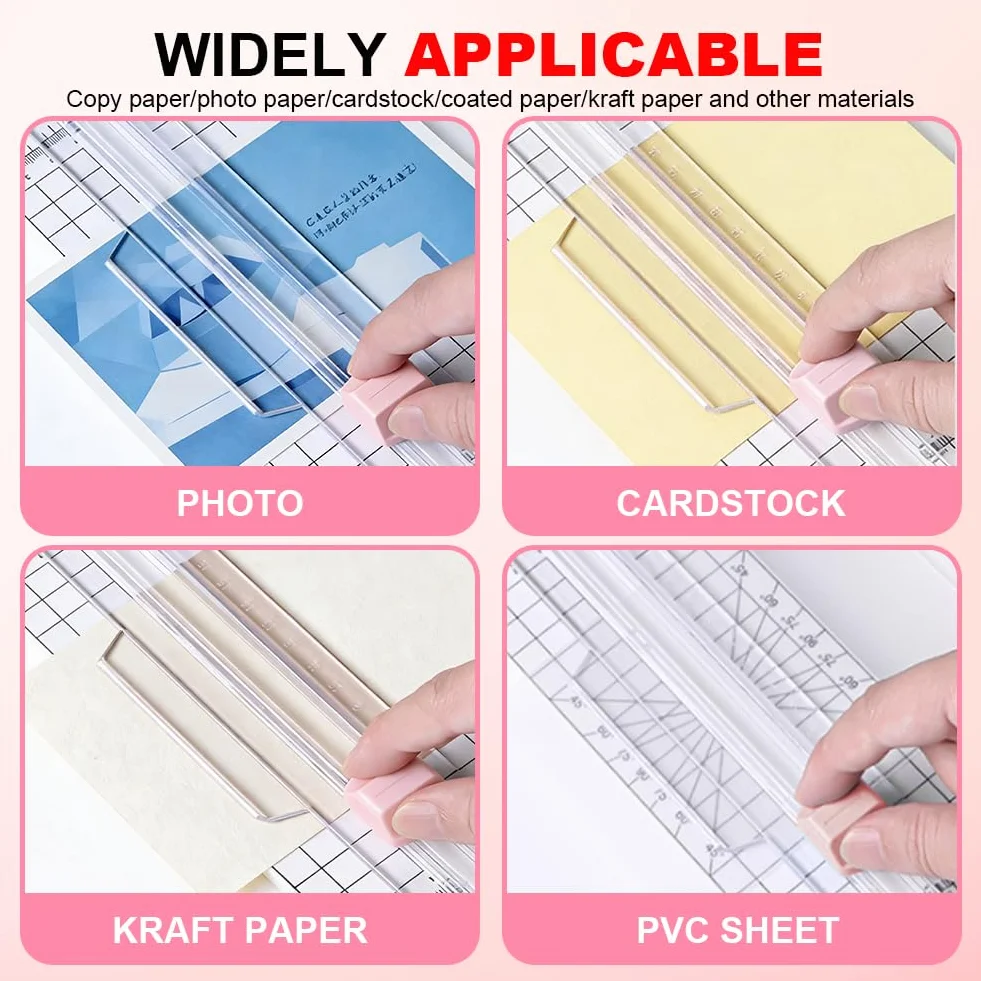 Nóż do papieru 4 w 1, wielofunkcyjny, do cięcia papieru z prowadnicą linii cięcia i linijką boczną, do scrapbookingu, papieru do majsterkowania, projektów DIY, prac ręcznych, różowy