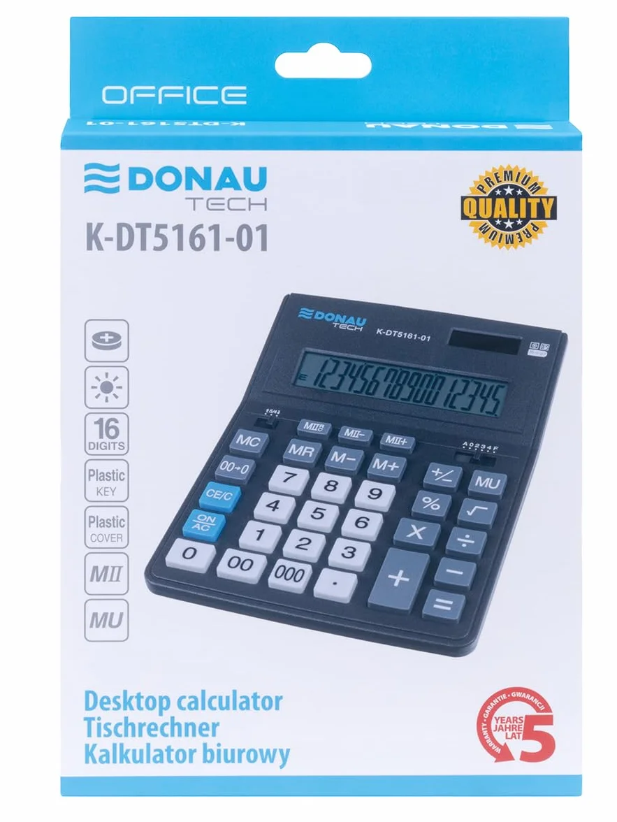 Donau TECH kalkulator biurkowy K-DT5161 16-cyfrowy wyświetlacz Dual-Power Solar 201x155x35 mm czarny