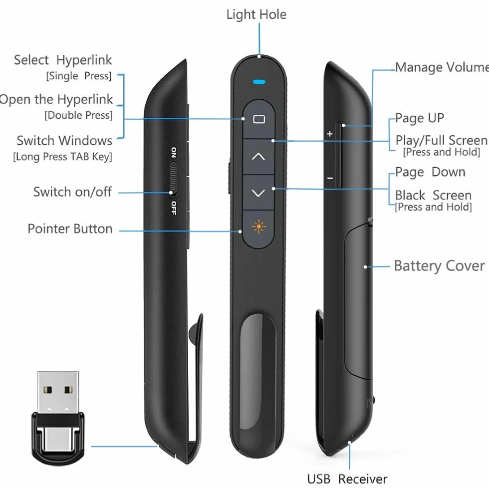 Bezprzewodowy wskaźnik prezentacji USB typu C 2 w 1 do PowerPoint, pilot zdalnego sterowania PPT do laptopa Mac