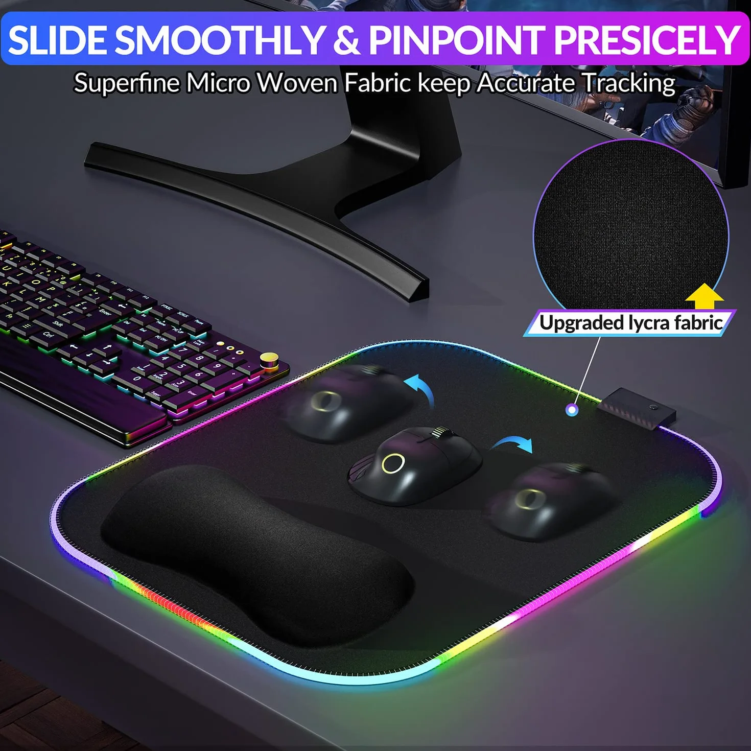 Gimars Ergonomiczna Podkładka pod Mysz z Podpórką pod Nadgarstek 30x25 cm RGB LED 10 Trybów Antypoślizgowa