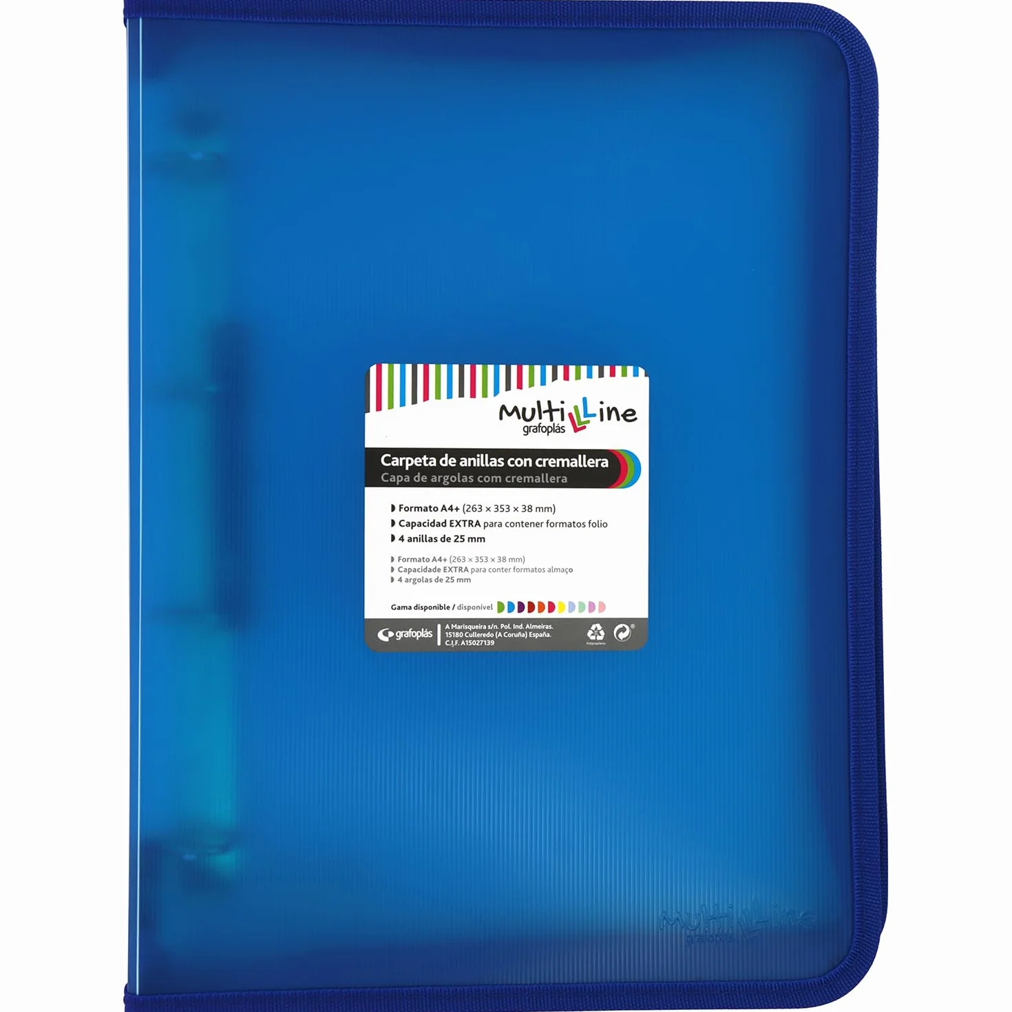 Grafoplás Folder pierścieniowy z zamkiem błyskawicznym A4+ | Niebieski | Multiline | 4 mieszane pierścienie 25 mm | Osłona polipropylenowa w pionowe paski | Dodatkowa pojemność dla arkuszy papieru w