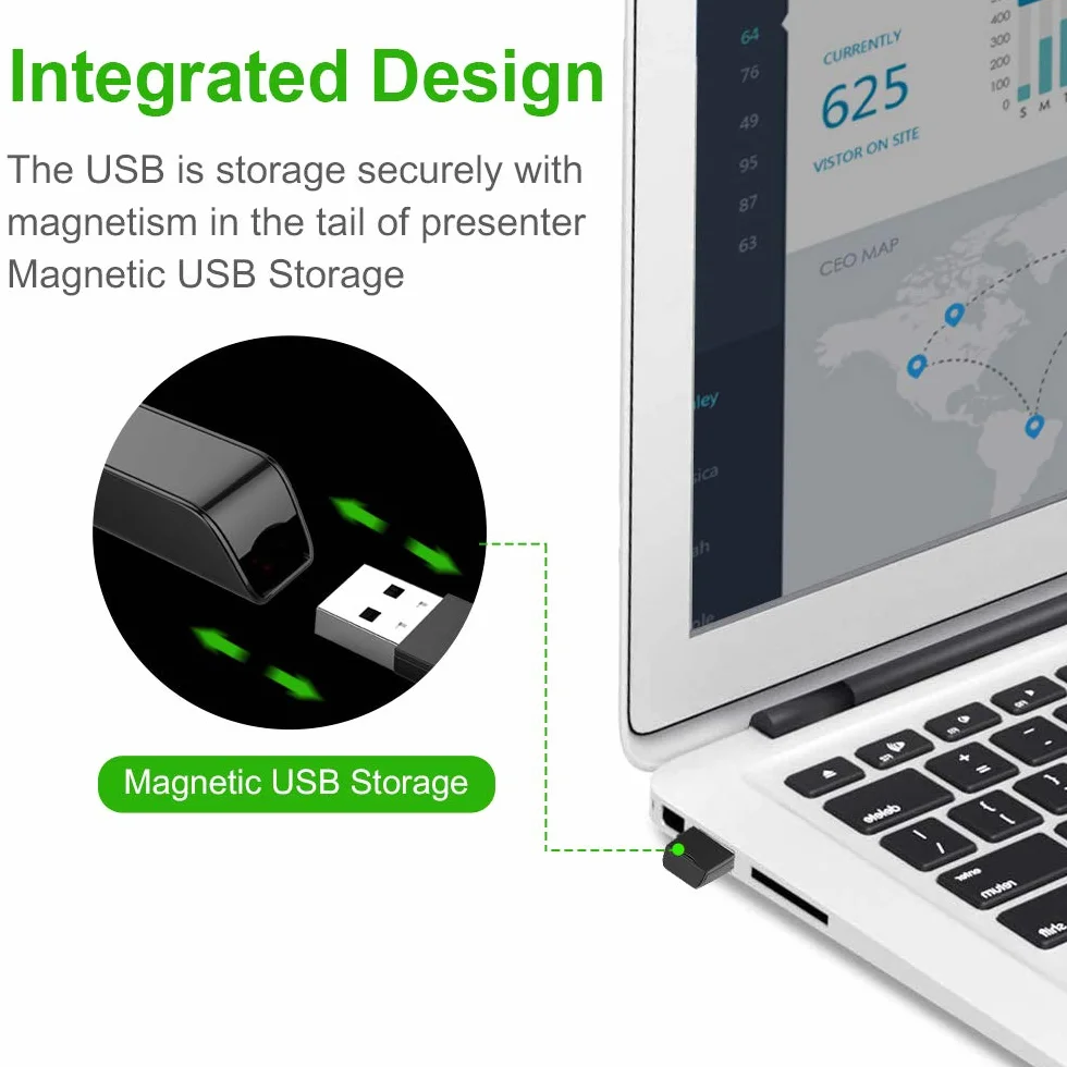 Wielofunkcyjny prezenter NORWII N75 zielony wskaźnik laserowy ładowany 100 M/330 FT bezprzewodowy prezentator USB wskaźnik do prezentacji laserowej PowerPoint Clicker wsparcie odtwarzania/pauzy