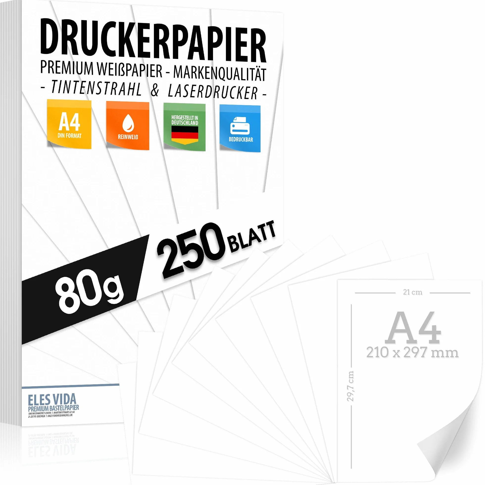 250 arkuszy papieru do drukarek A4 80 g biały – papier premium czysta biel – DIN A4-21 x 29,7 cm – papier do kopiowania, drukarki laserowej i atramentowych do uniwersytetów, fotografii, prezentacji