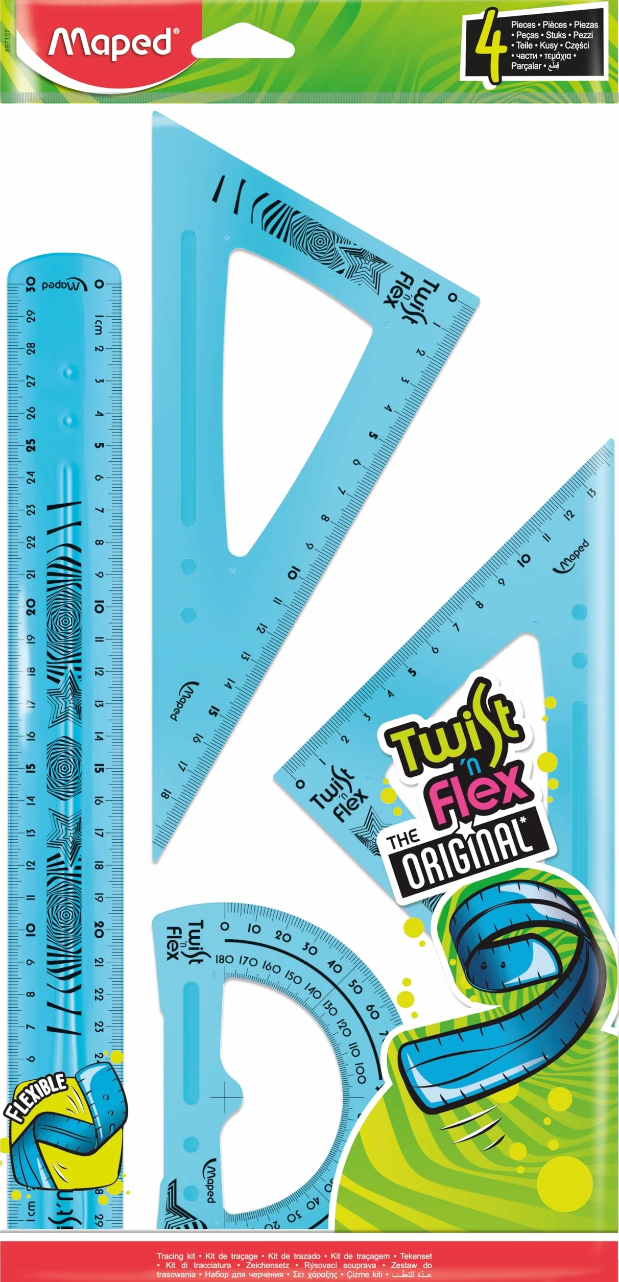 Maped - elastyczny zestaw rysunkowy Twist´n Flex, 4-częściowy: 1 x linijka 30 cm, 1 x trójkąt 60°, 1 x trójkąt 45°, 1 x kątomierz - niebieski, zielony, różowy