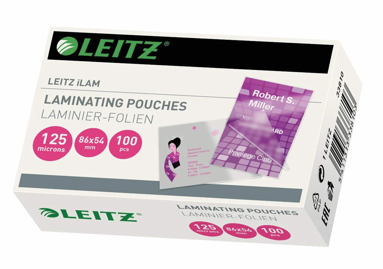 Leitz, Folia do Laminacji Leitz iLAM, Format Karty Kredytowej: 54 x 86 mm, Grubość: 125 mikronów, Przezroczysta, Błyszcząca, Opakowanie 100 Sztuk, 33810