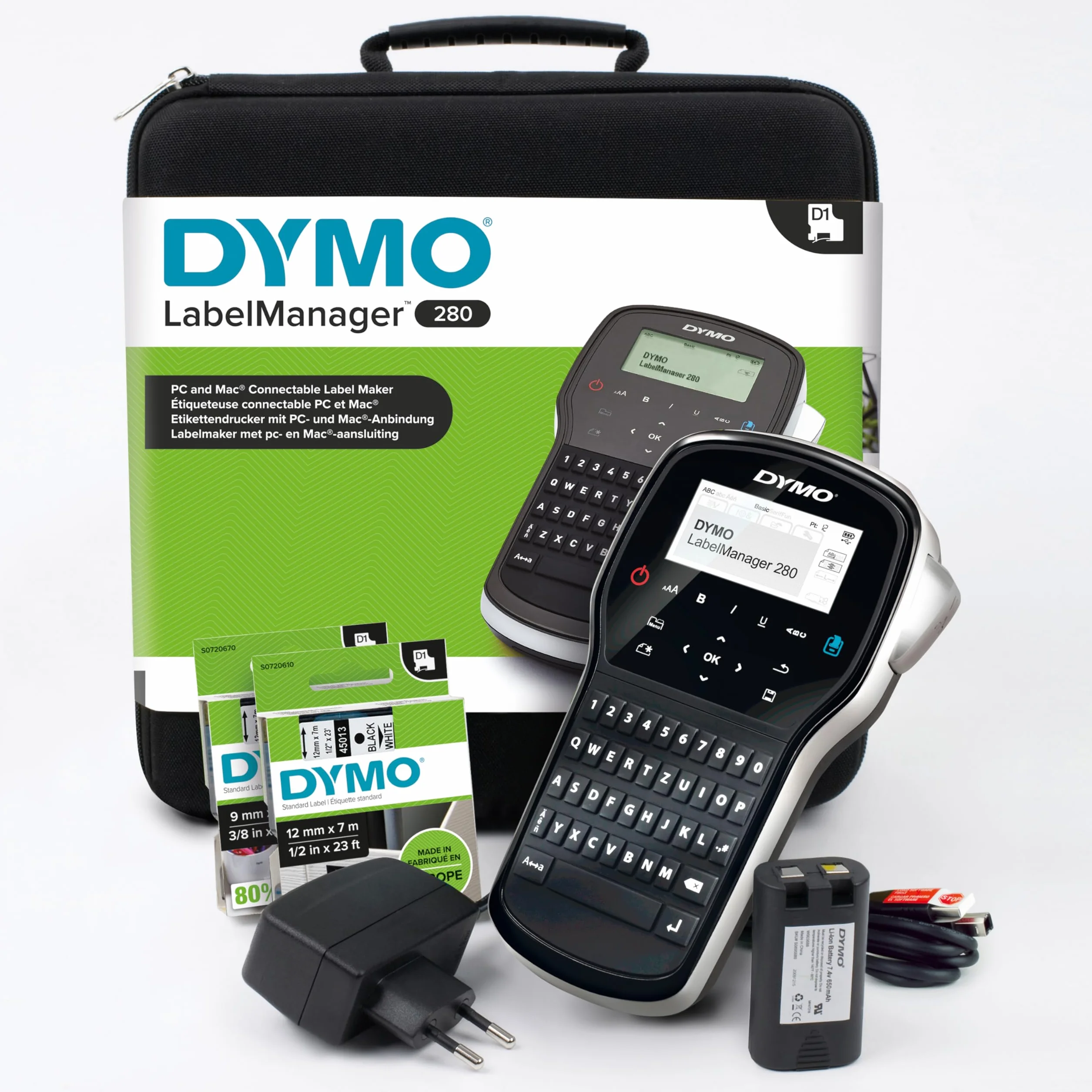 DYMO LabelManager 280 Zestaw ręcznej drukarki etykiet QWERTY 2 rolki D1 walizka
