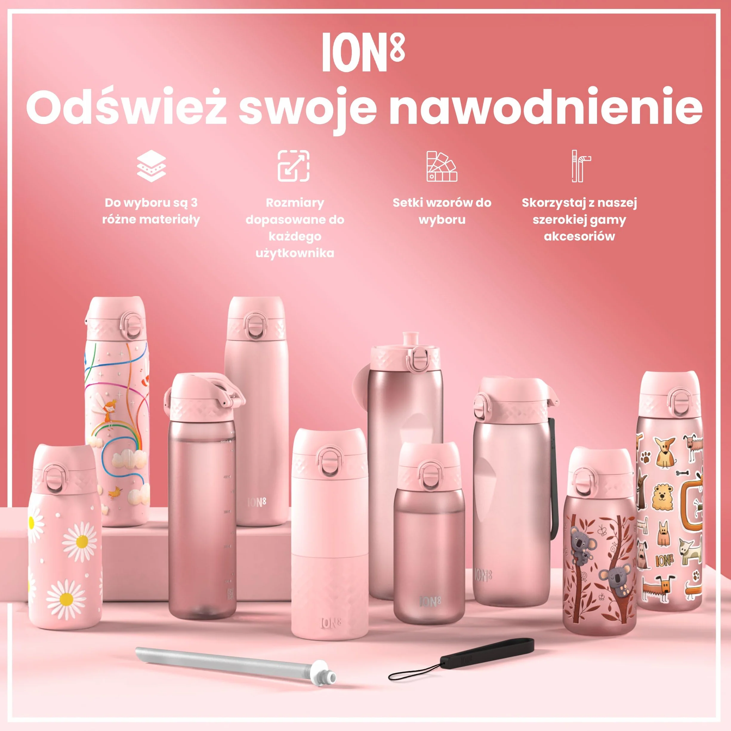 ION8 Butelka na Wodę, 500 ml/18 oz, Szczelna, Łatwe Otwieranie, Bezpieczny Zamek, Można Myć w Zmywarce, Bez BPA, Higieniczne Pokrycie, Uchwyt do Przenoszenia, Łatwa Czyszczenie, Bezwonny, Motyle