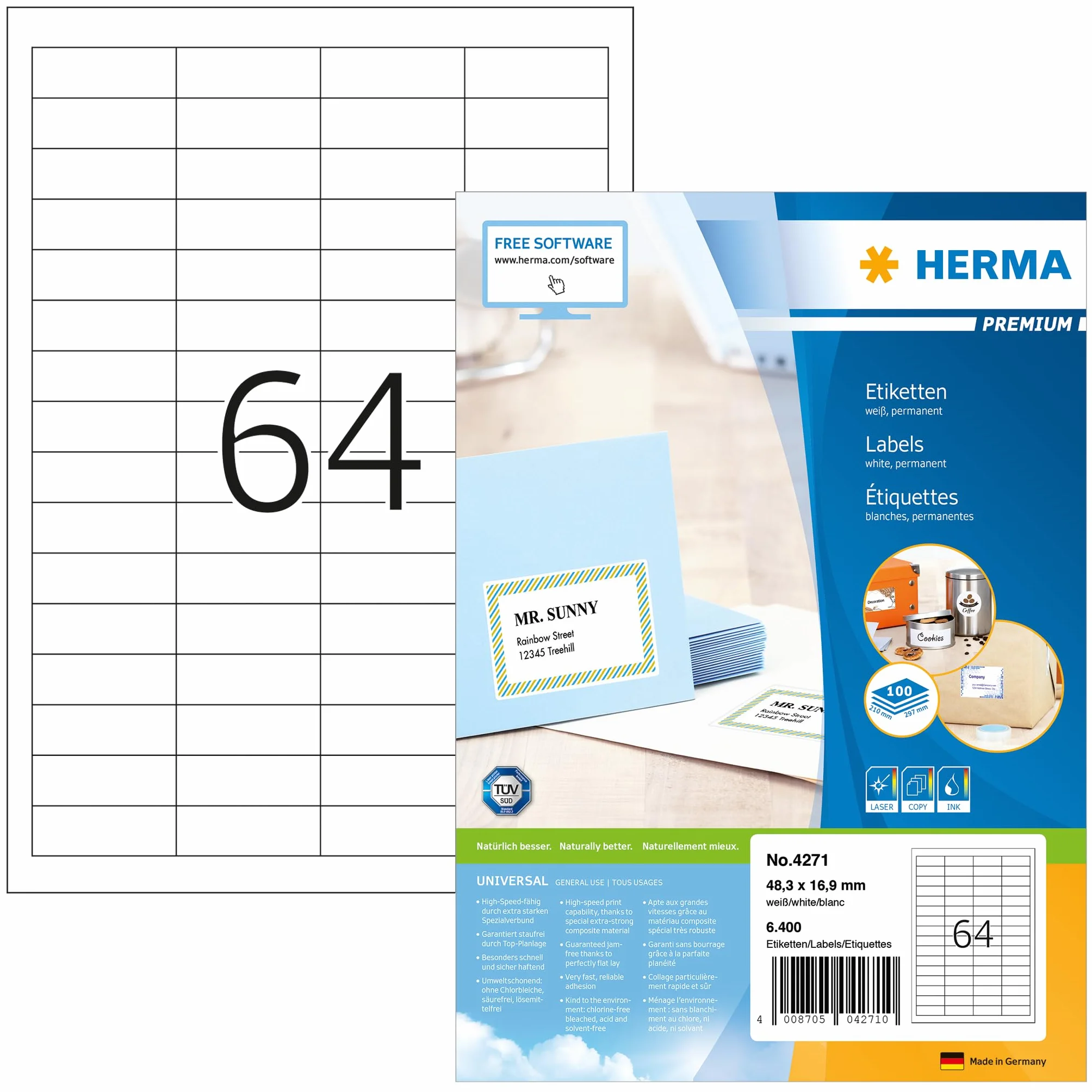 HERMA Samoprzylepne etykiety wielofunkcyjne 48,3 x 16,9 mm 100 arkuszy 6400 etykiet do drukarek laserowych