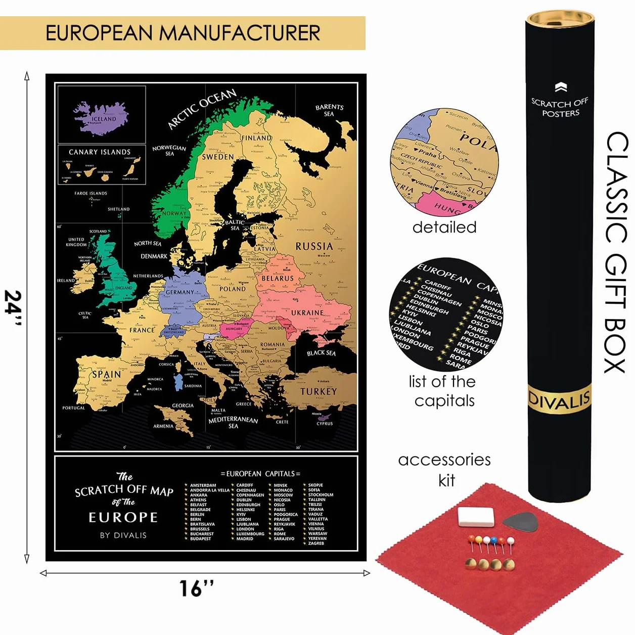 Mapa Europy do zdrapywania 24x16 plakat z miastami czarno-złota przypinka podróżne mapy ścienne Europa z drapakiem