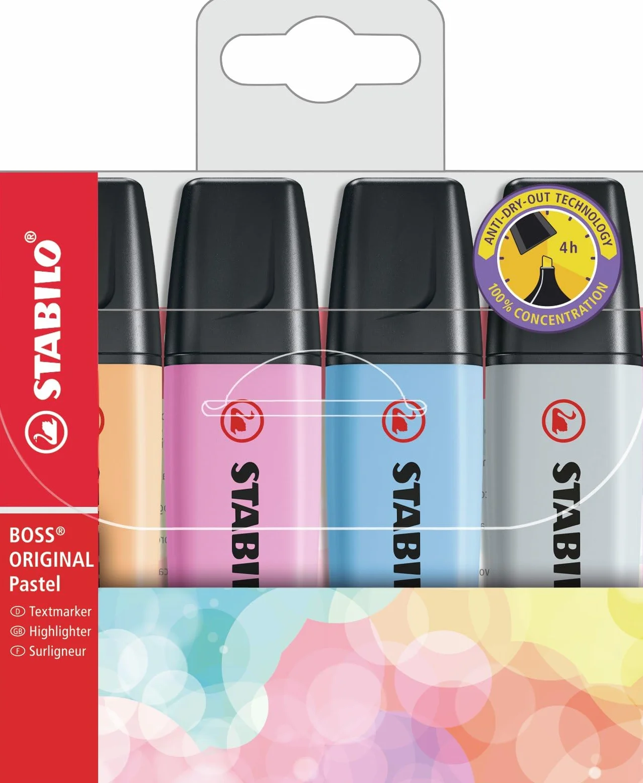 Zakreślacz - STABILO BOSS ORIGINAL Pastel etui 4 sztuki - kolory: błękitna bryza, świetlany pomarańcz, chłodna fuksja i mglisty szary