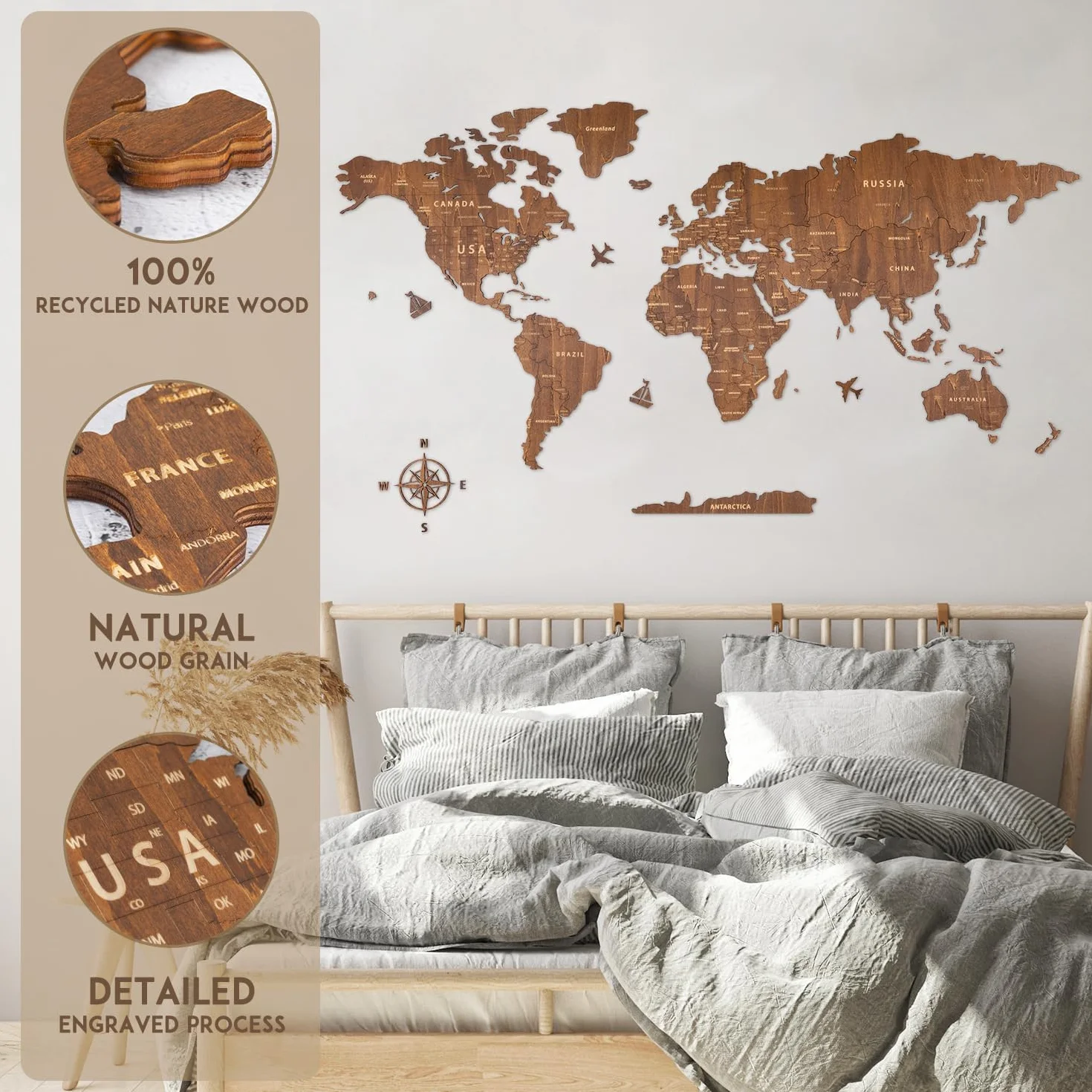 Creawoo Drewniana mapa świata Wall Art, orzechowe drewno mapa podróży do salonu, sypialni, dekoracji biura, idealny prezent dla pary, Housewarming (150x85cm)