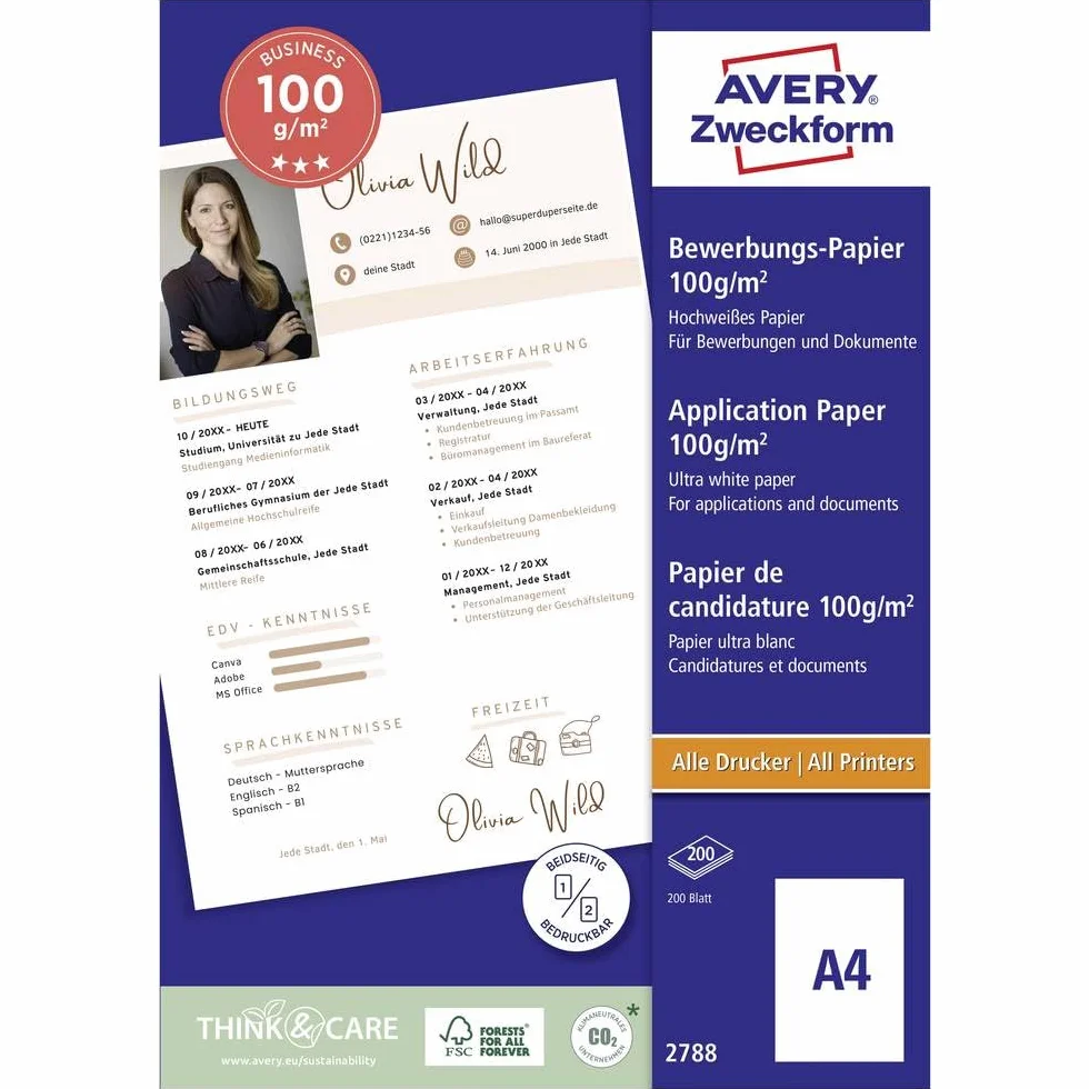 AVERY Zweckform 2788 Papier do aplikacji atramentowych A4 satyna 100 g/m², 200 arkuszy
