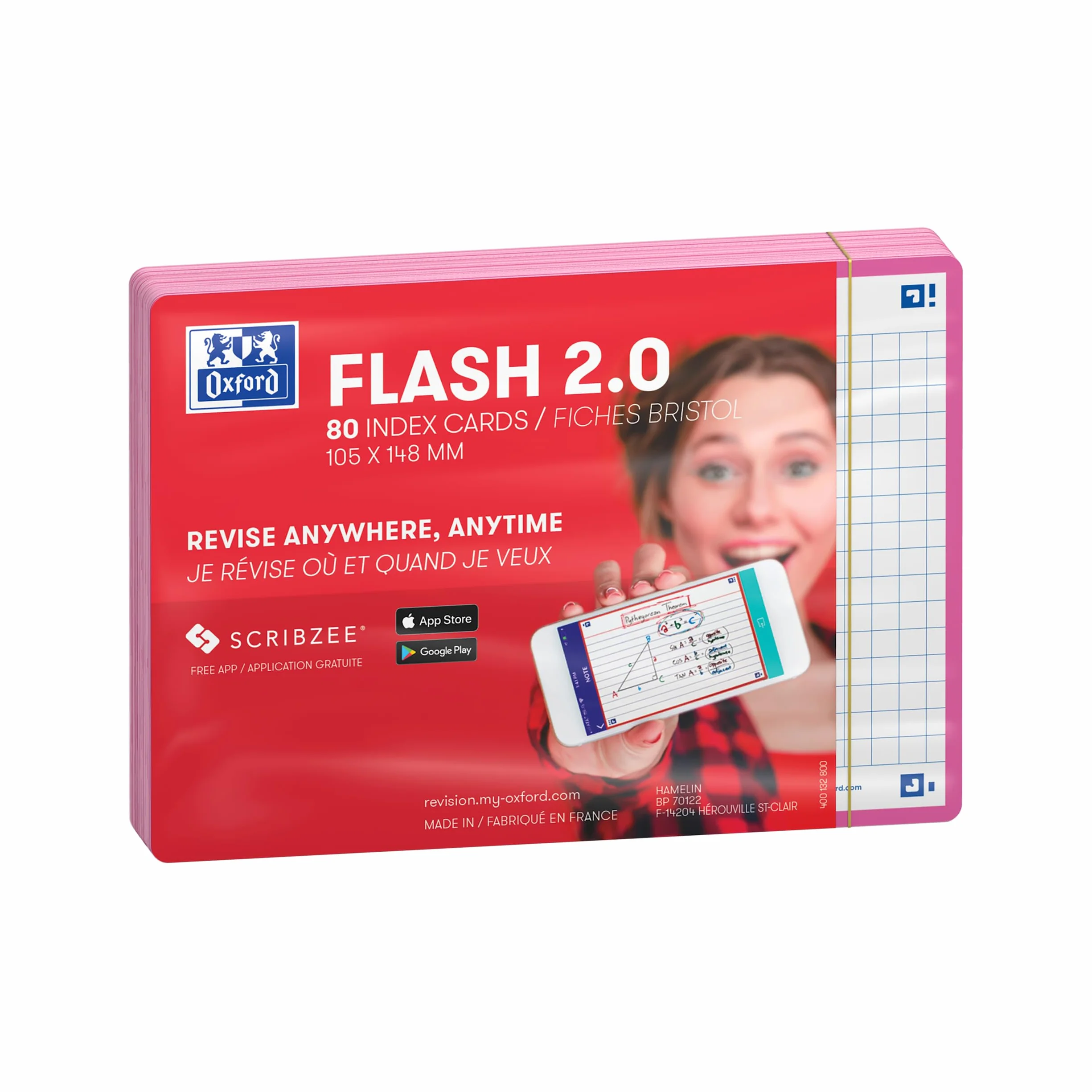 Oxford FLASH 2.0 fiszki A6, fiszki do nauki, 105 x 148 mm, w kratkę, fuksja, 80 arkuszy