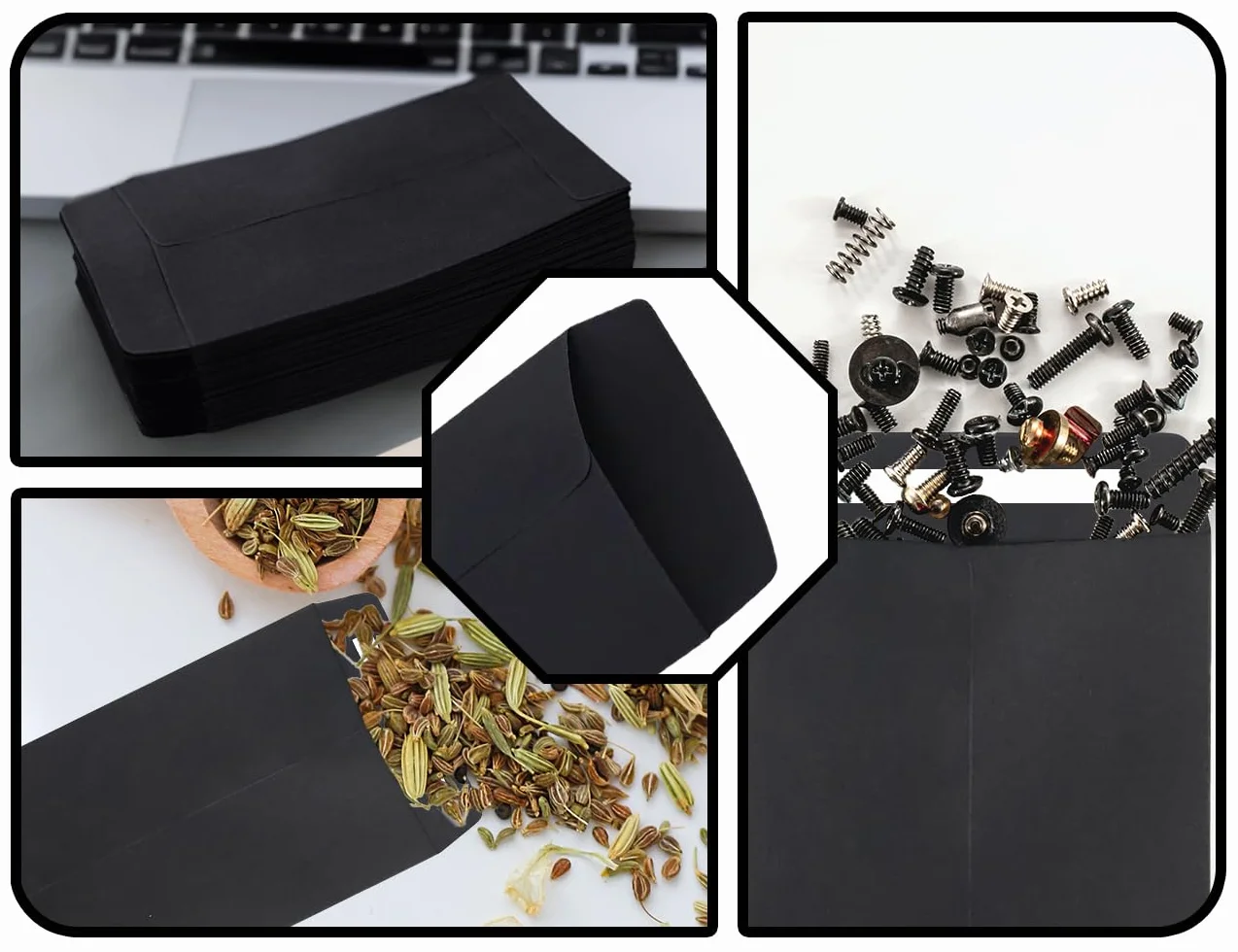 KAPSING 100 sztuk czarne małe samoprzylepne torby papierowe typu kraft mini torebki na nasiona, wynagrodzenie, monety (10 x 6 cm/3,9 x 2,4 cala)