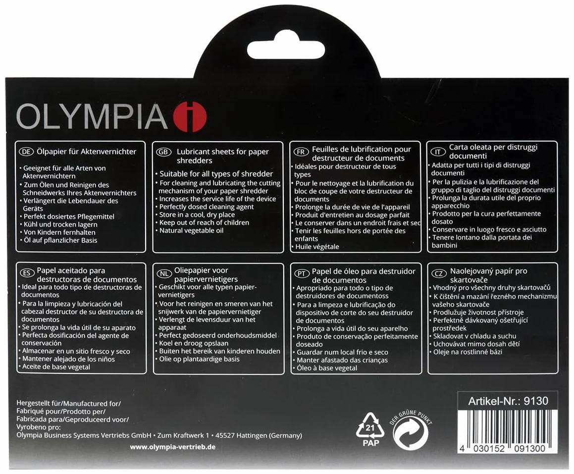 OLYMPIA Papier olejny do niszczarek papieru do czyszczenia i smarowania jednostki tnącej