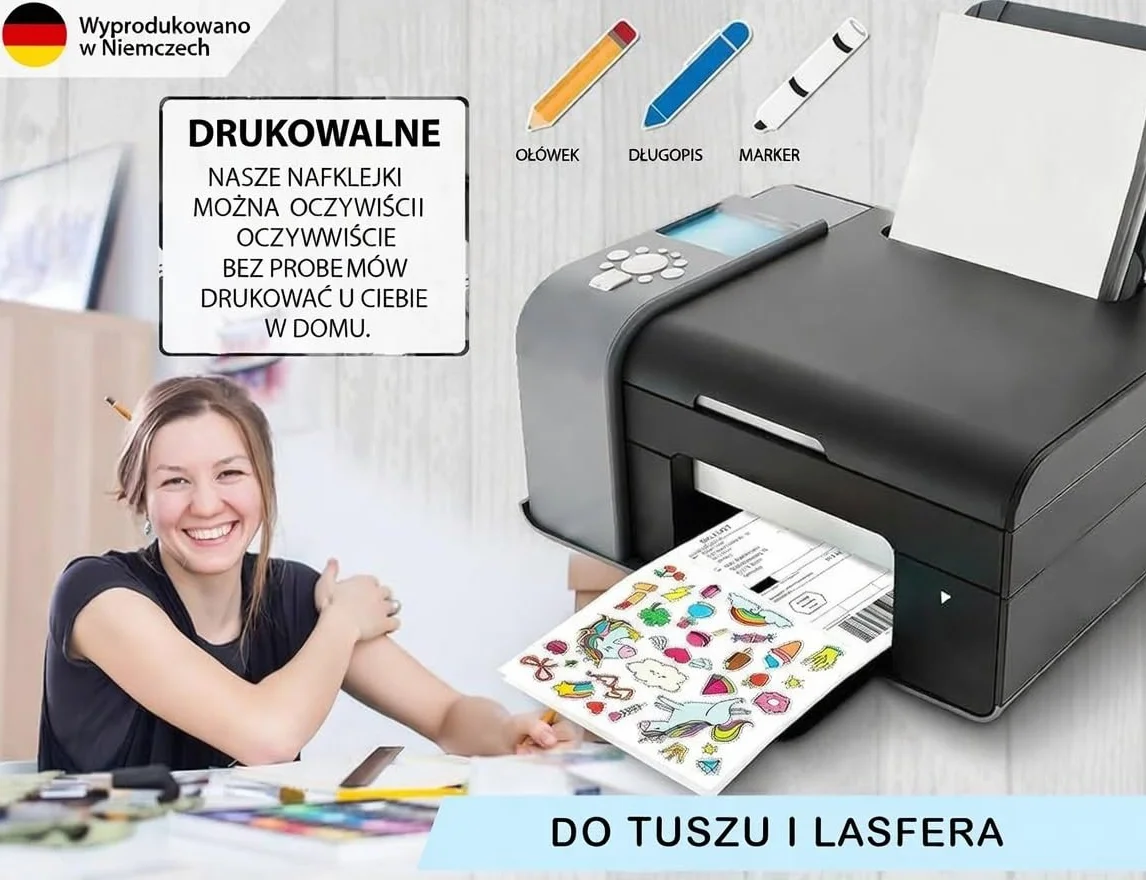 100 samoprzylepnych etykiet DIN A4, 210 x 297 mm, uniwersalne nadruki, matowa biała powierzchnia, kompatybilne z drukarkami atramentowymi i laserowymi, naklejki do wielu zastosowań – z Niemiec