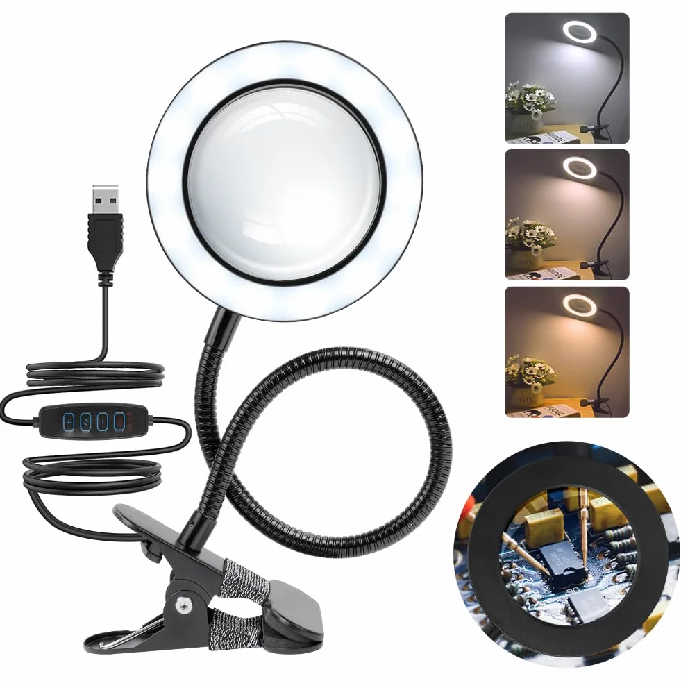 URAQT Lupa ze światłem i stojakiem, lampa powiększająca 3-krotnie 360° elastyczna ściemnialna LED lampka z lupą 3 temperatury barwowe 10 poziomów jasności szkło powiększające lupa do czytania lampa