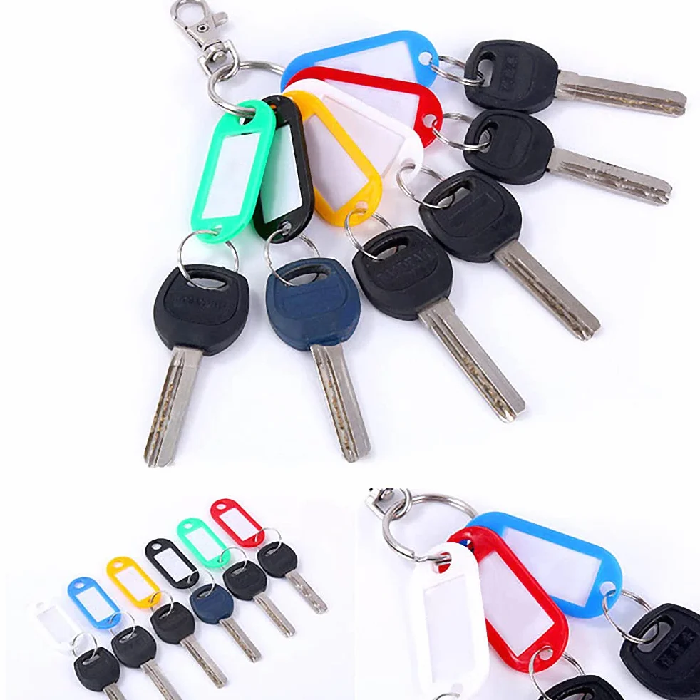 Zestaw 50 breloków do kluczy, 5 x 2,2 cm, plastikowy brelok do kluczy z etykietami z możliwością zapisu, do szkoły, domu, Czerwona, rozmiar uniwersalny