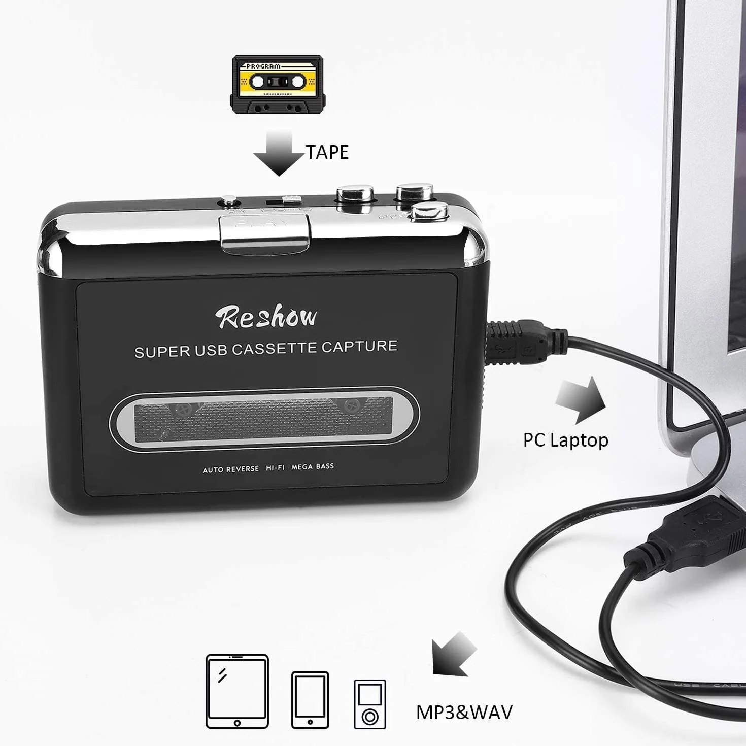 Reshow Przenośny odtwarzacz kasetowy nagrywanie MP3 USB konwersja kaset na MP3 Czarny