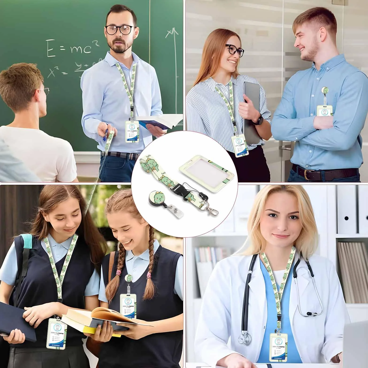 Uchwyt na identyfikator ze sznurkiem w kształcie szyi z uchwytem na karty, uchwyt na karty z wysuwanymi kołowrotkami na identyfikatory, zdejmowana smycz, do identyfikatorów (dinozaur-4)