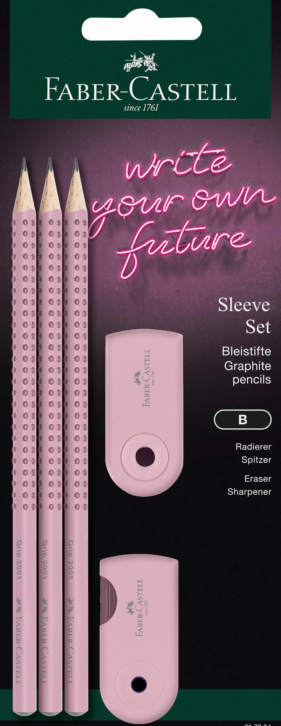 FABER-CASTELL 217084 – zestaw ołówków Sleeve, z temperówką, gumką do ścierania i 3 ołówkami, zestaw do pisania Grip 2001 Rose Shadows