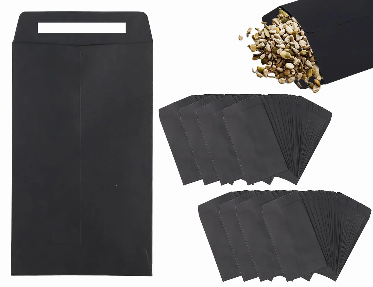 KAPSING 100 sztuk czarne małe samoprzylepne torby papierowe typu kraft mini torebki na nasiona, wynagrodzenie, monety (10 x 6 cm/3,9 x 2,4 cala)