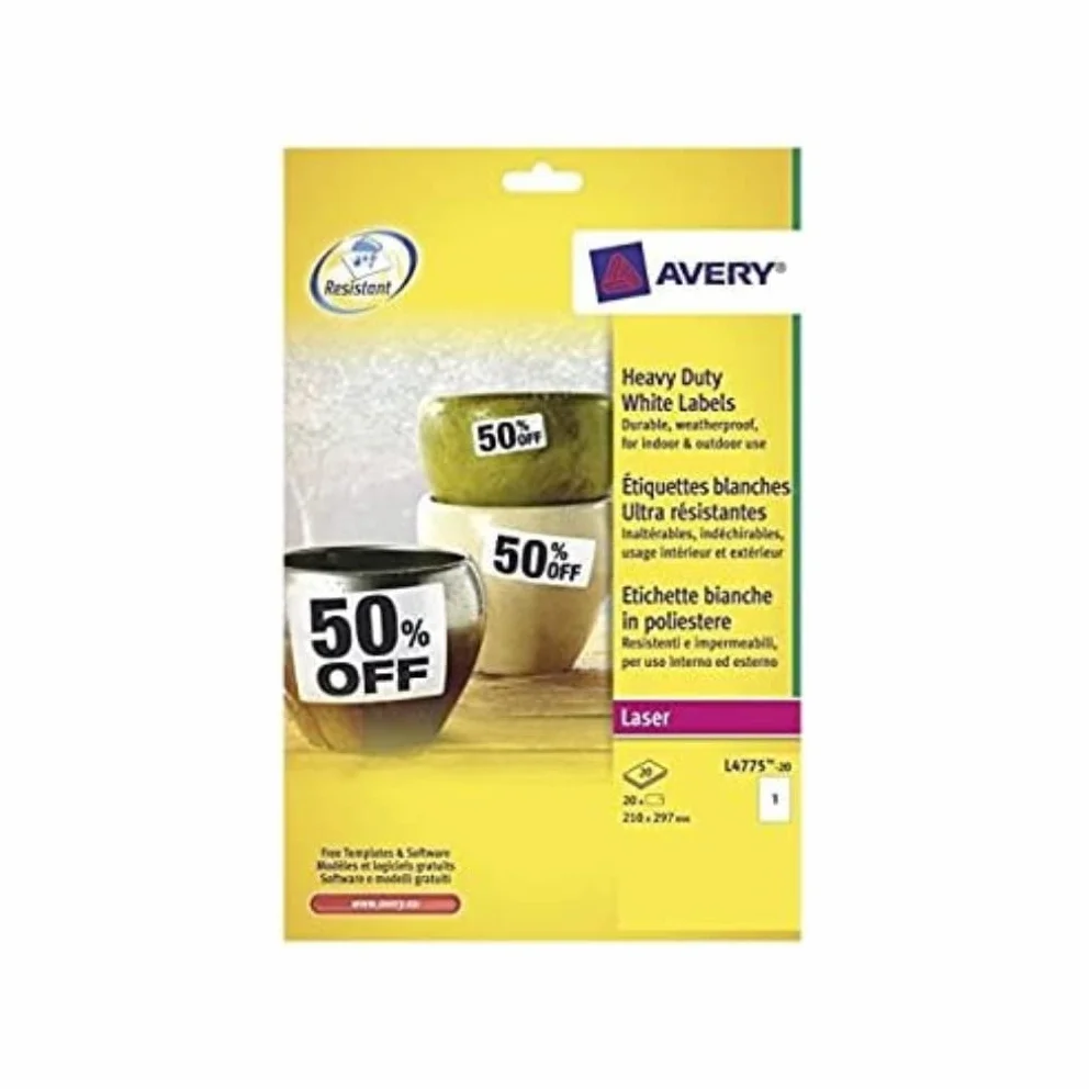 Avery L4775 Opakowanie 20 etykiet samoprzylepnych 210 x 297 mm Biały