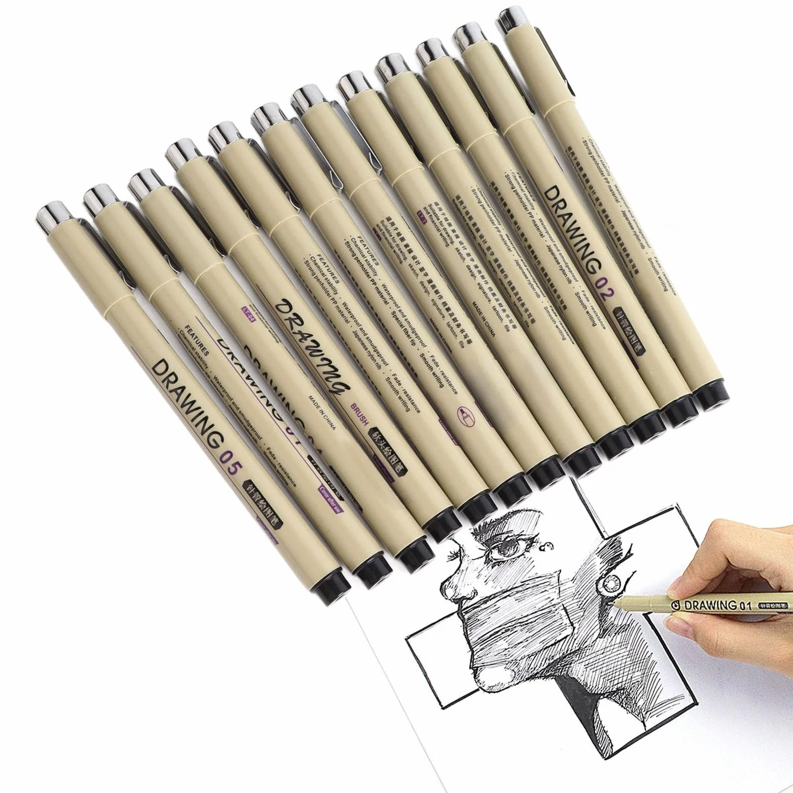 Mikropióro, 12 sztuk, Micro Fineliner, Długopisy rysunkowe i wielowarstwowe, Zestaw mikro pisaków, Micro Pen