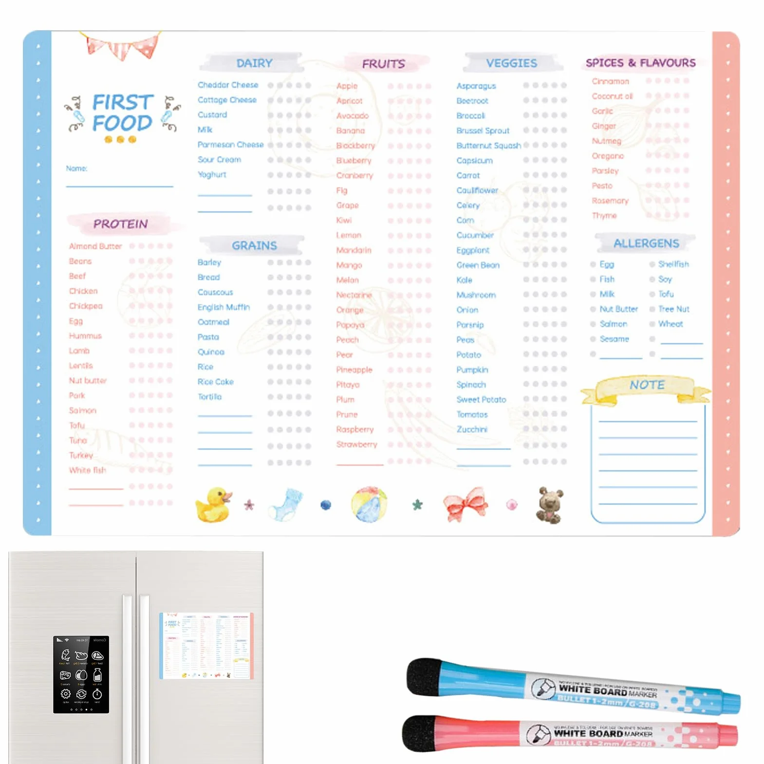 Baby First Food Tracker 30,5 x 21,5 cm Magnetyczny Dzienny Planer Posiłków Dla Niemowląt