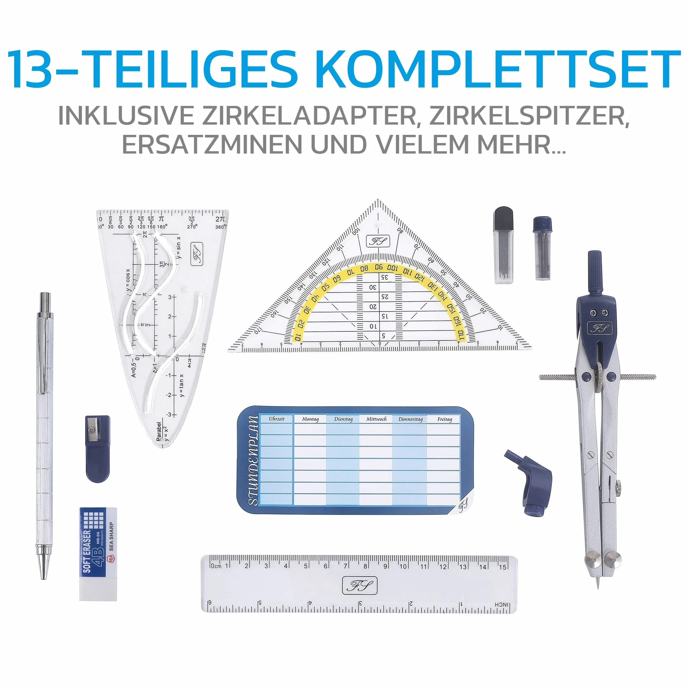 Zestaw cyrkieli 13-częściowy geometrii z szybką regulacją, ołówek z metalowymi wkładami, ekierka, gumka
