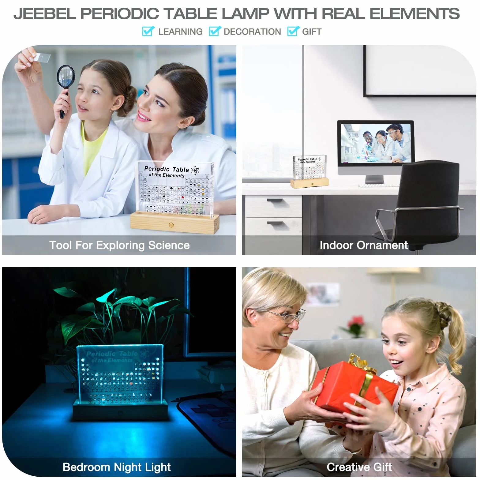 Jeebel Akrylowa Tablica Okresowa LED Lampa Stołowa z Prawdziwymi Próbkami Pierwiastków, Tablica Okresowa dla Narzędzi Dydaktycznych Rzemiosła Twórczego Prezentu dla Nauczycieli Uczniów Dzieci