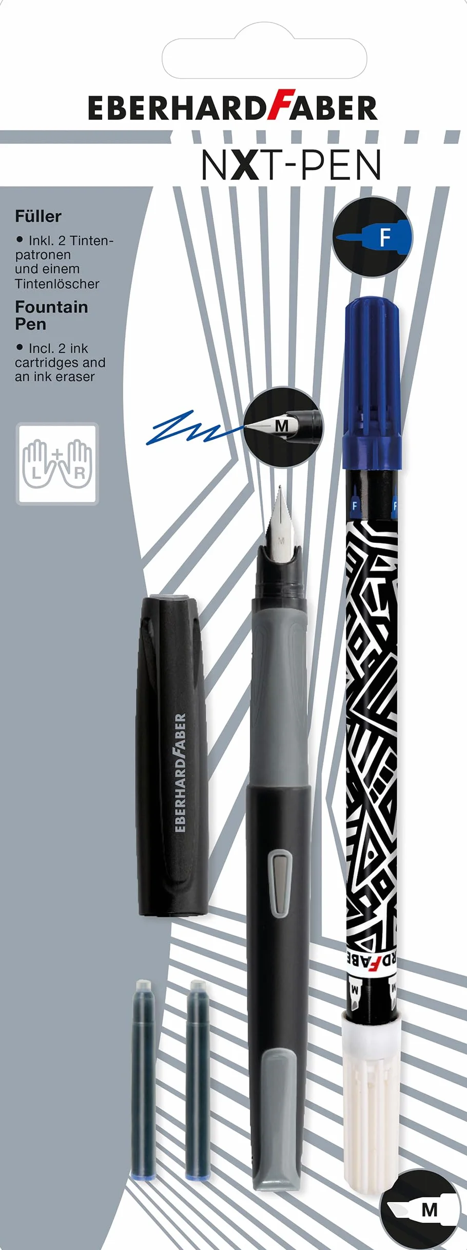 EBERHARD FABER 551002 - Zestaw piśmienny z piórem wiecznym, gumką i nabojami atramentowymi, zestaw NXT-PEN szary/czarny | Z piórem, atramentem i wkładami atramentowymi