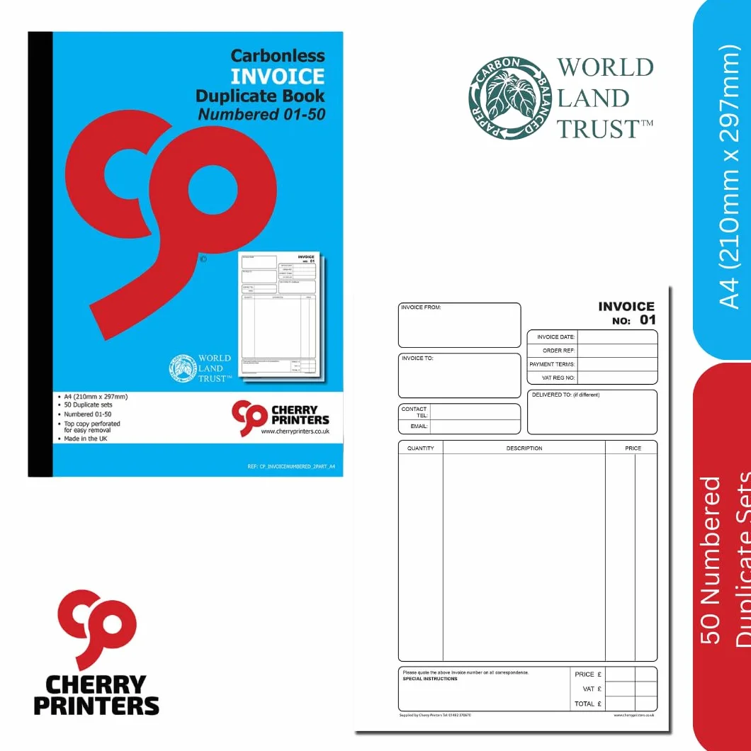 Cherry Carbonless NCR Invoice Book A4 50 zestawów ponumerowane