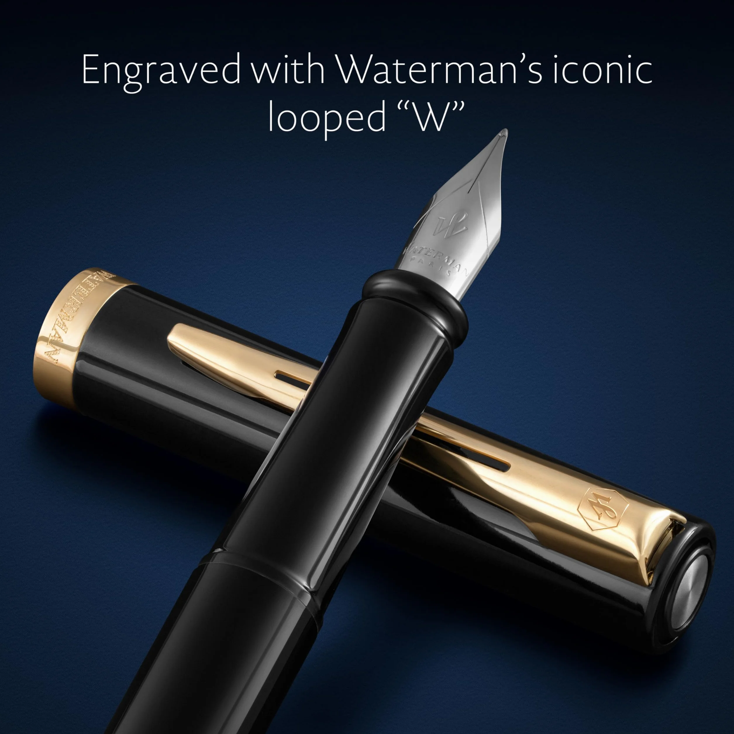 Waterman Impression Wieczne pióro Średnia stalówka Czarny lakier pozłacane wykończenia Pudełko upominkowe