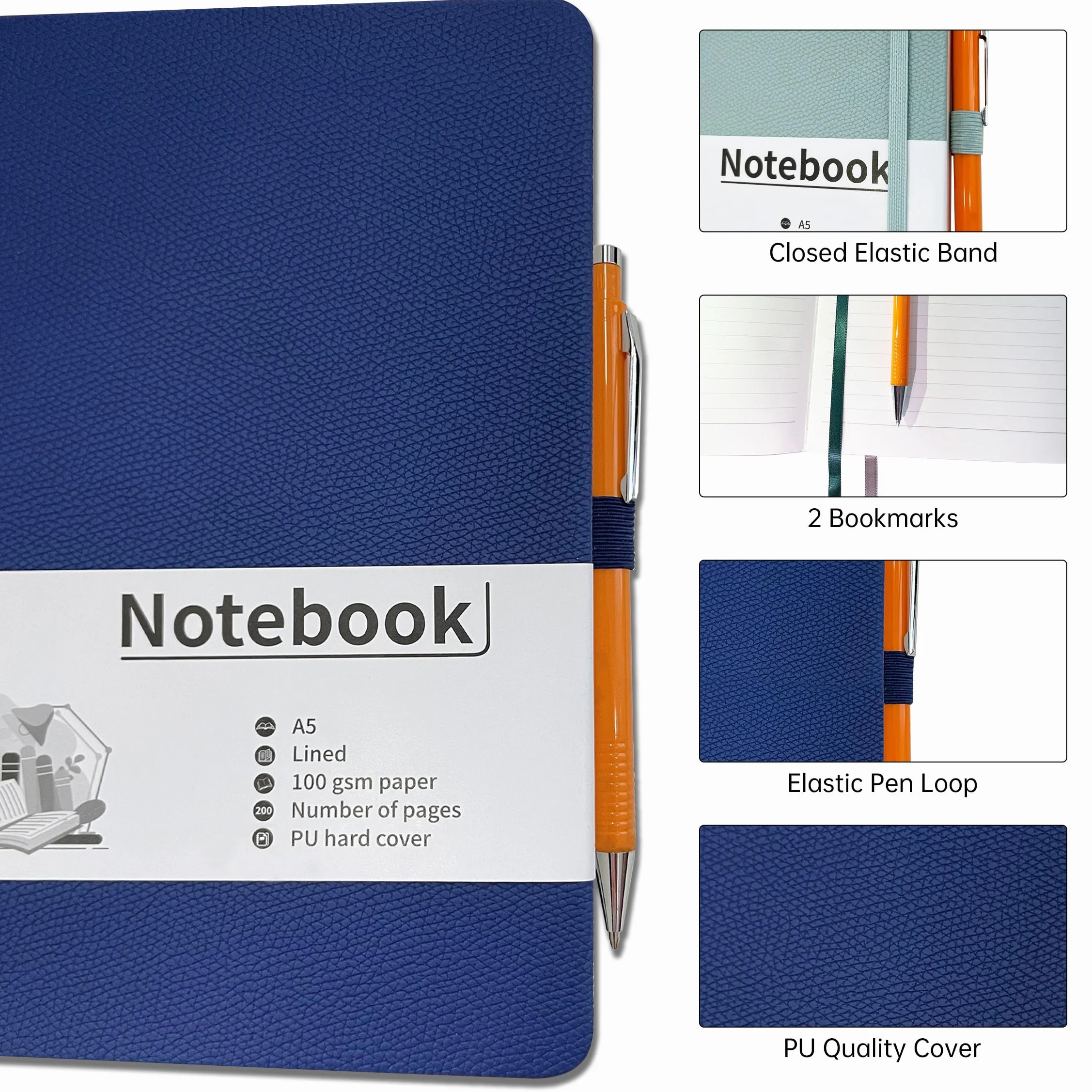Mlife A5 Notatnik w linie, 100 GSM Gruby papier z 200 stronami, Notatnik z twardą okładką PU z wewnętrzną kieszenią, Elastyczna opaska, Notatniki do pisania w biurze, szkole, domu i firmie(Czarny)