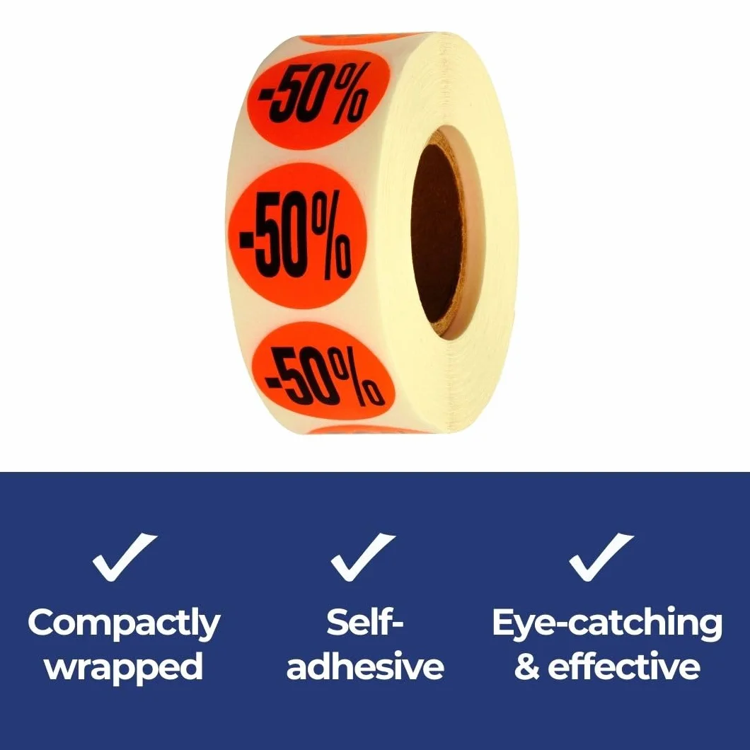 1000 etykiet promocyjnych – 50% okrągłe, jaskrawoczerwone na rolce 32 mm – cena promocyjna, naklejki samoprzylepne, trwałe tabliczki z ceną [H-50]