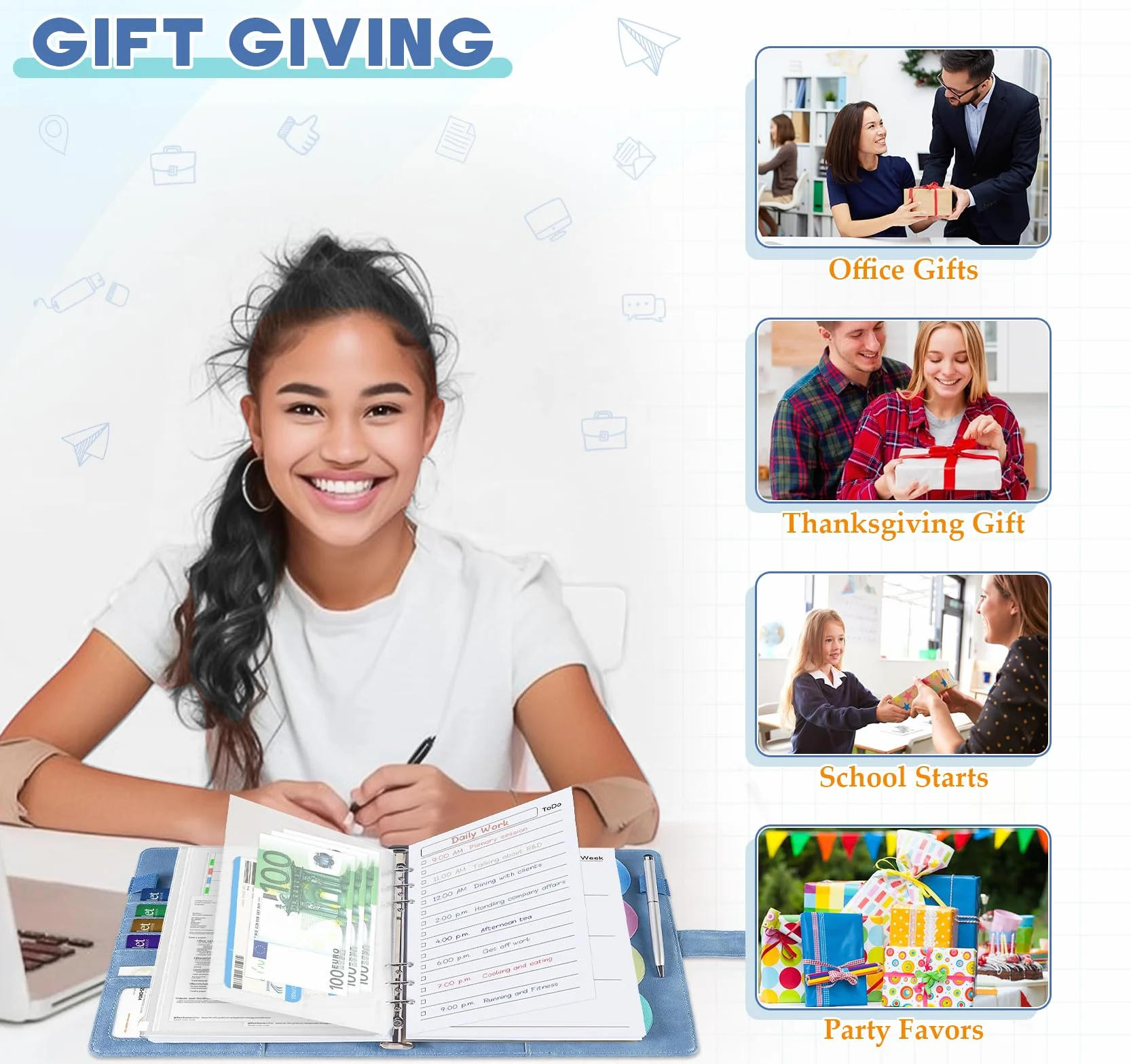 Agoer Segregator notatnika A5 z wymiennymi wkładami, 6-pierścieniowy segregator planer ze skóry PU z 150 arkuszami wkładu ToDo/Tygodniowy/Kropkowany papier, Przekładka na dokumenty, Naklejka i Koperty
