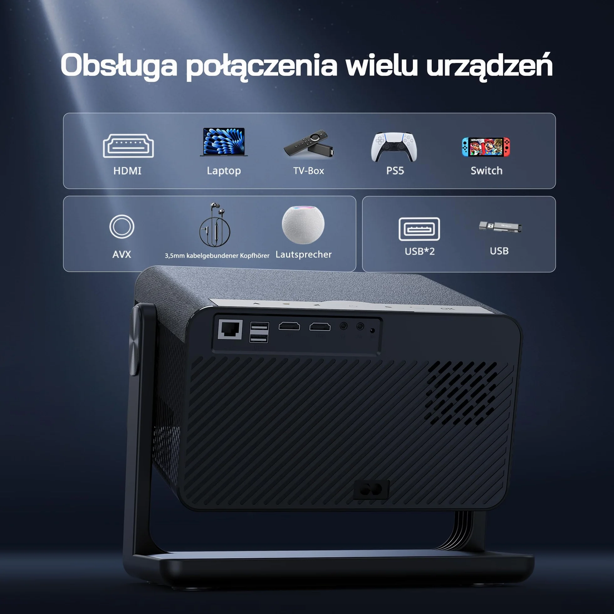 WOLFANG 28000 Lumenów 4K Mini Projektor【Oficjalny Netflix & Autofokus/Korekcja Trapezu】, Przenośny Projektor 5G WiFi z Bluetooth 5.2, Projektor Kina Domowego ze Stojakiem 180° do Ekranu 300''