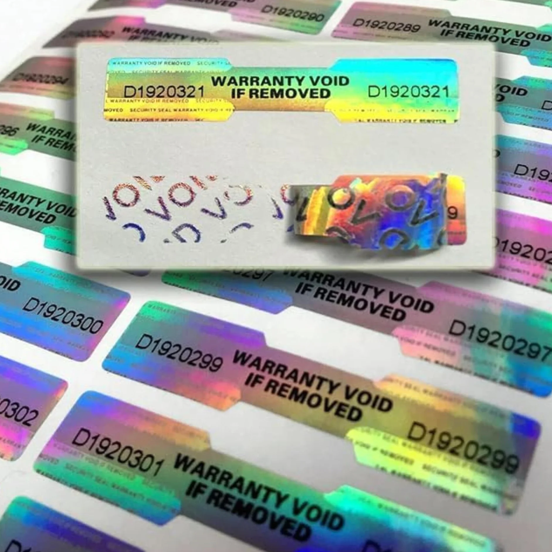Naklejki Holograficzne VOID 50x10 mm z Numeracją Plomby Gwarancyjne – Warranty Void If Removed Tamper Proof Security Labels Silver PET Dog Bone 200 szt
