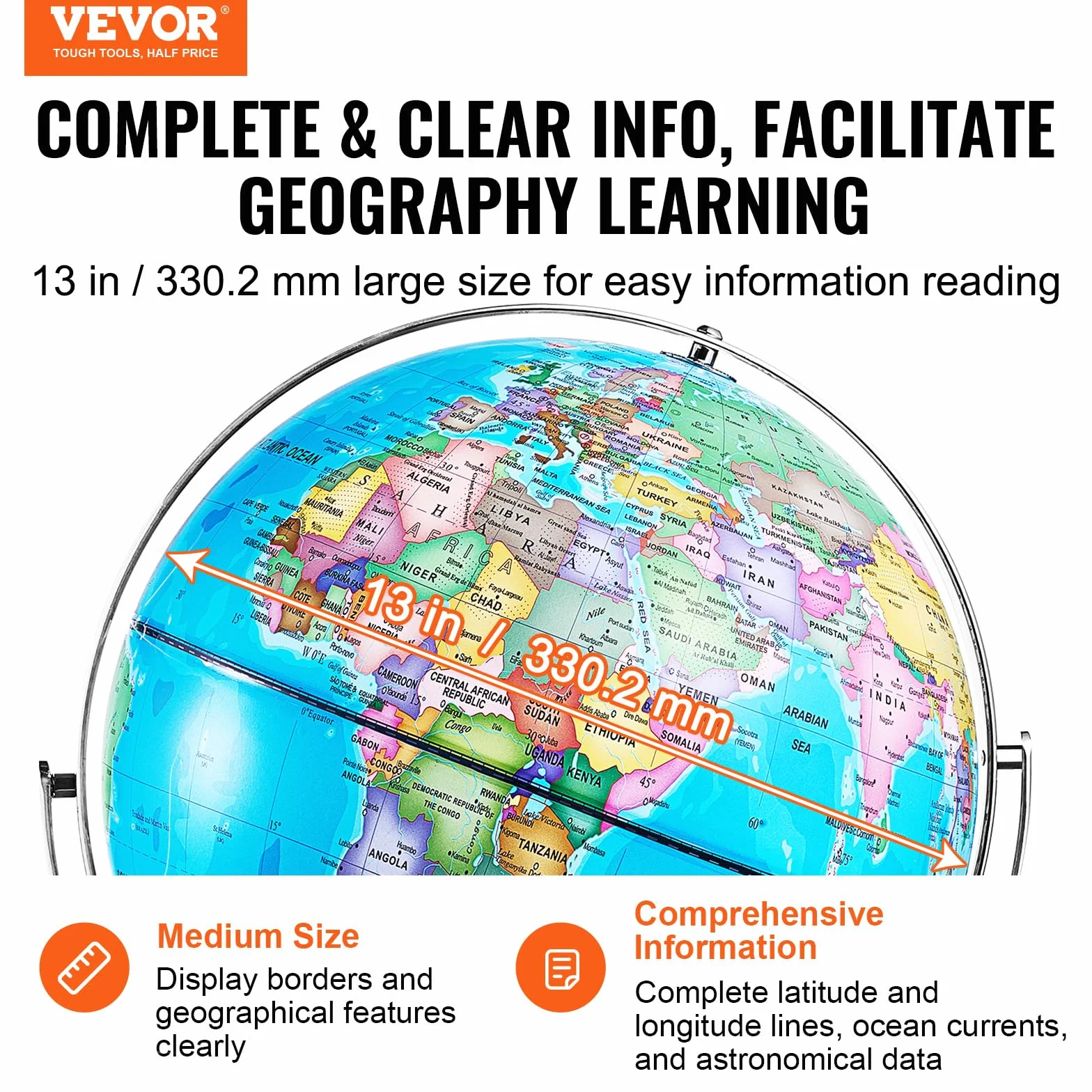 VEVOR Obrotowy Globus Światowy 330,2 mm Edukacyjny Geograficzny ABS Strefa Czasowa 720° dla Dzieci