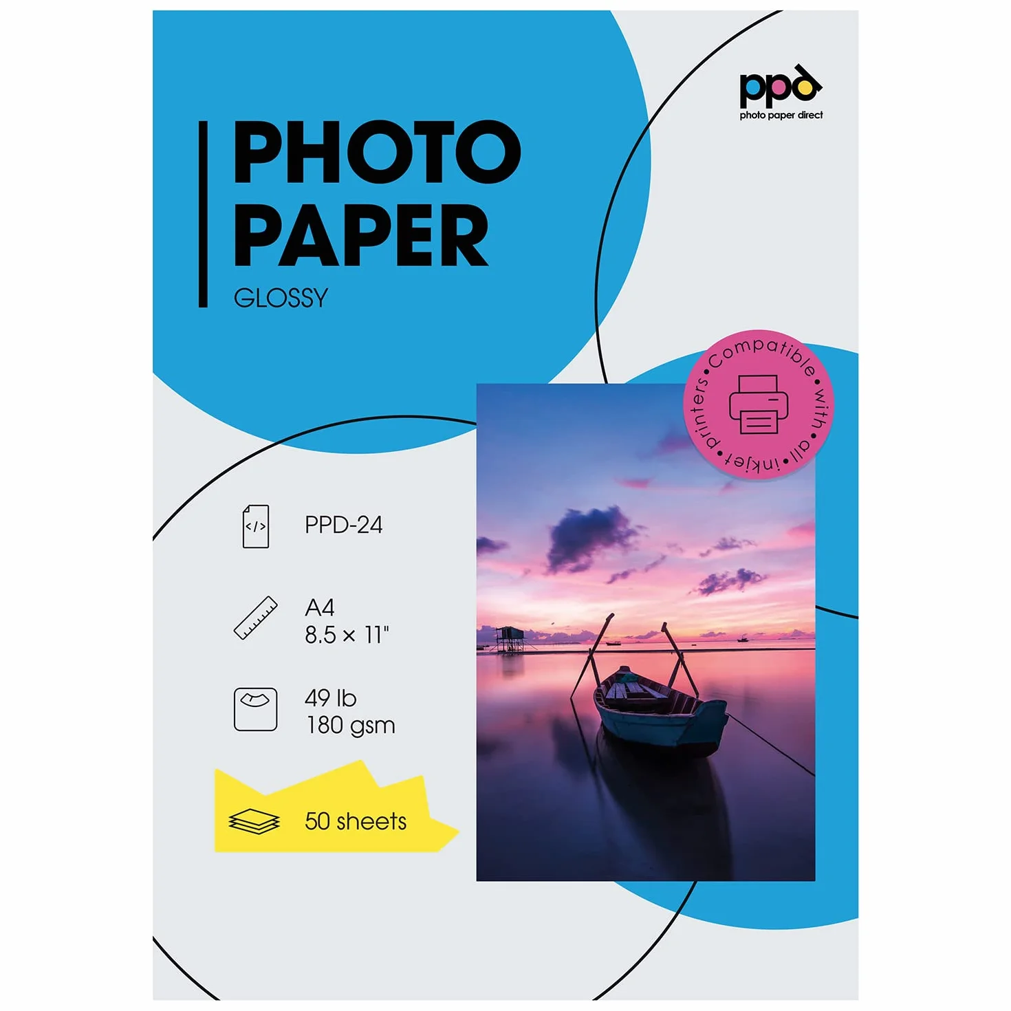 PPD A4 50 Arkuszy 180g Błyszczący Papier Fotograficzny do Drukarek Atramentowych