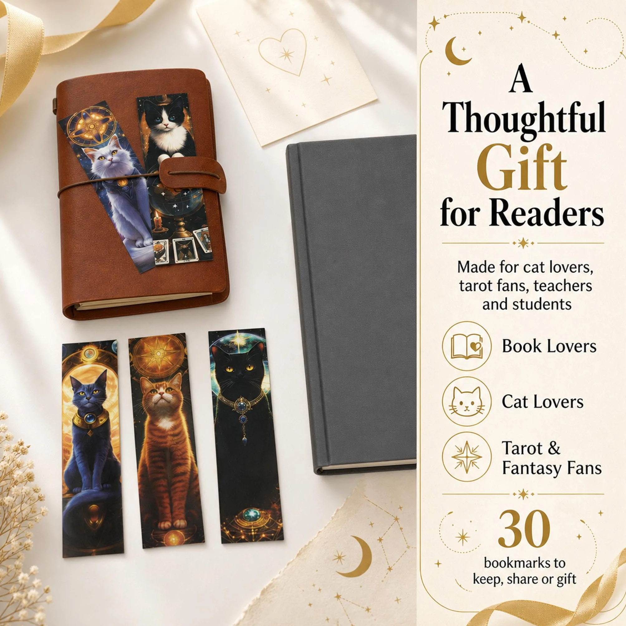 Zakładki do Książek Cat Tarot 30 Szt., Papierowe Zakładki z Kotami i Motywami Niebiańskimi 15 x 4 cm, Mistyczna Kolekcja Artystyczna dla Miłośników Książek, Kotów i Fantasy