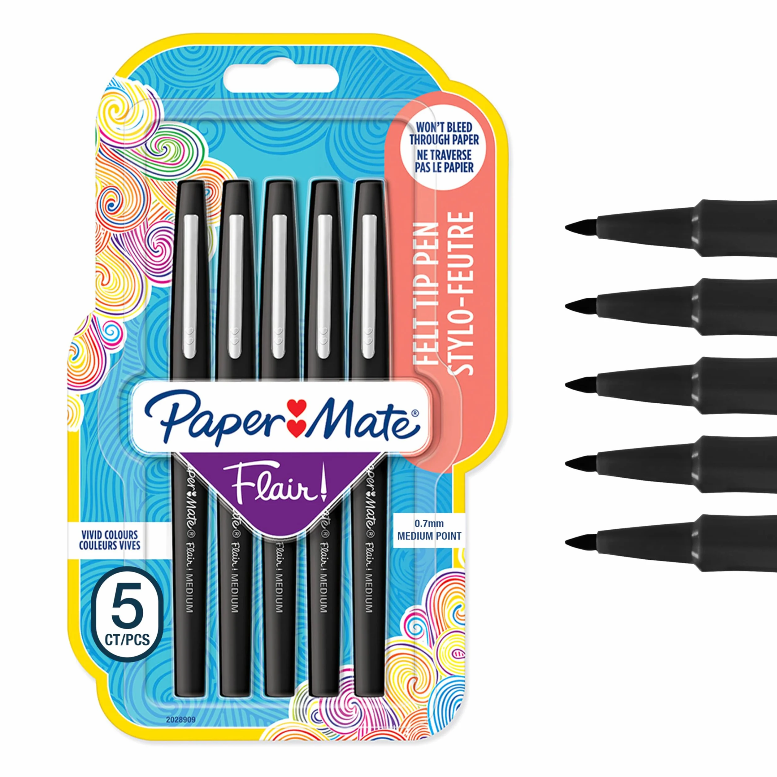 Flamastry Paper Mate Flair | Średnia końcówka (0,7 mm) | Czarne | 5 szt.