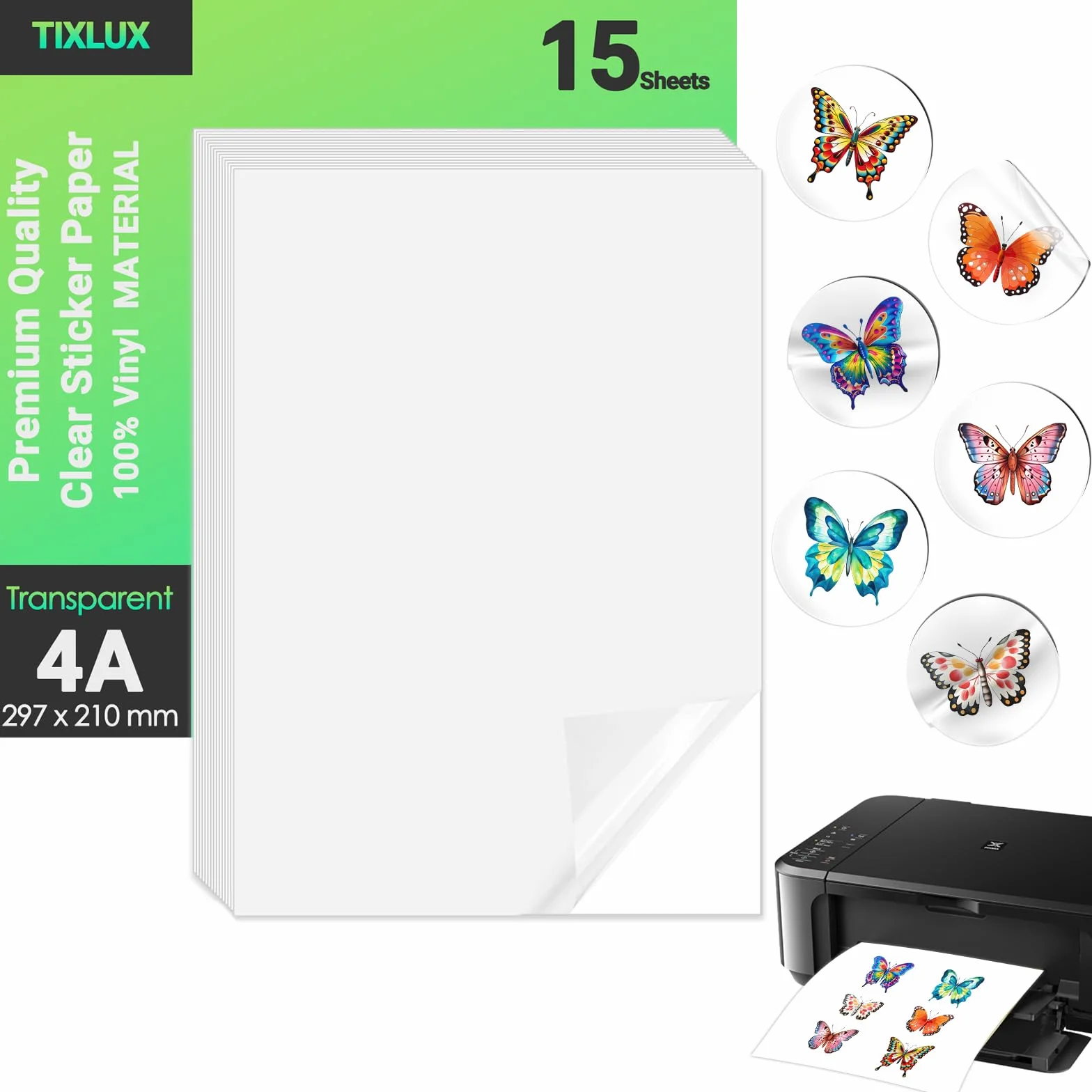 Tixlux 15 arkuszy winylowych naklejek do drukarek atramentowych, przezroczyste, samoprzylepne, szybkoschnące, żywe kolory, format A4 297 x 210 mm